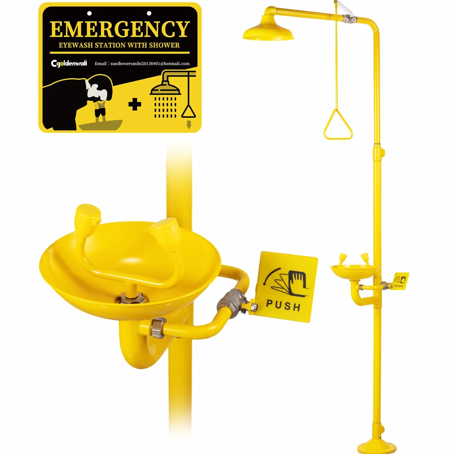 CGOLDENWALL Estación Combinada de Ducha de Emergencia y Lavado Ocular, Cuerpo Completo Acero Inoxidable 304 con Revestimiento ABS, Lavado Ocular 12L/Min & Ducha 75,7L/Min, para Fábrica, Lab, Industria