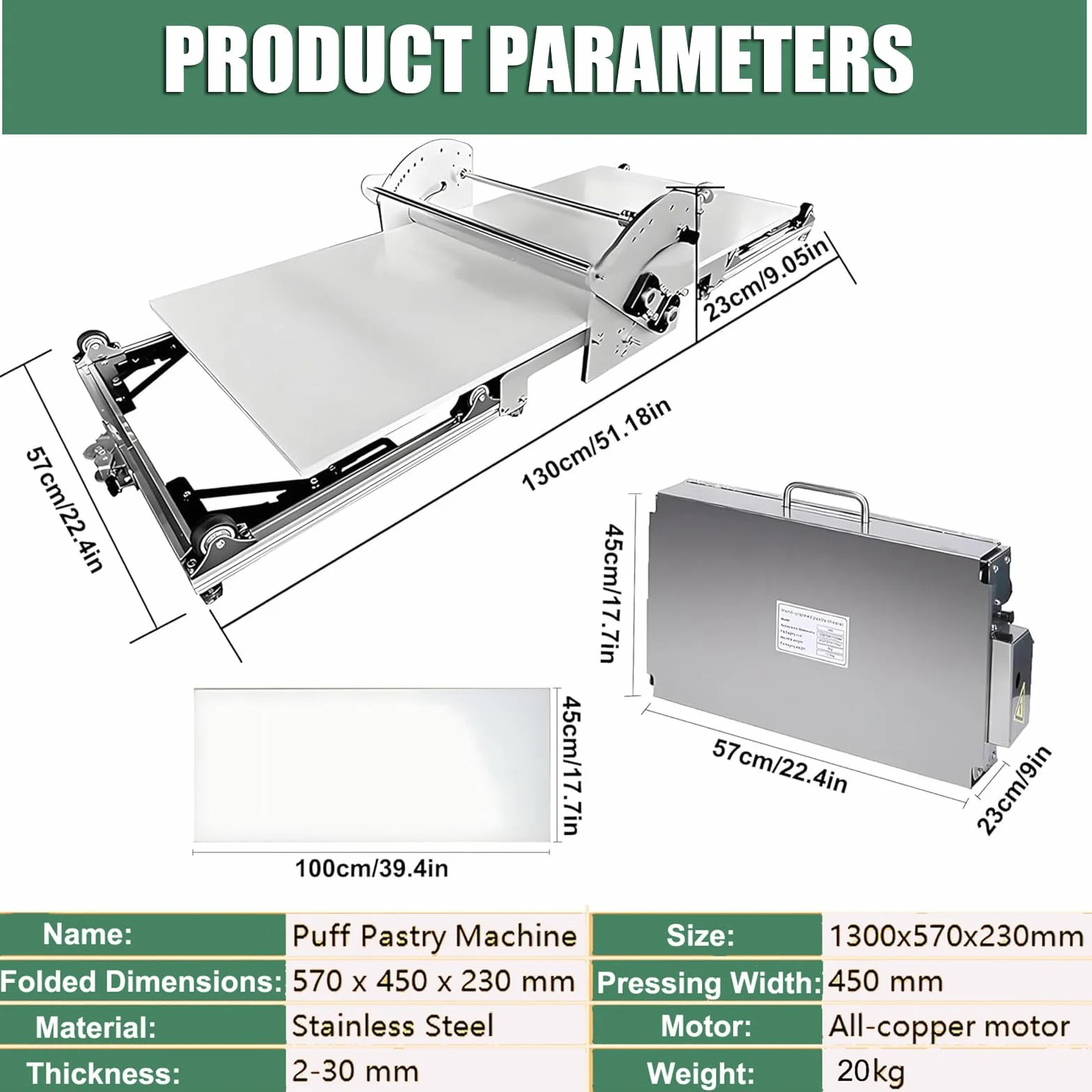Laminadora De Masa Plegable, Laminadora Eléctrica De Acero Inoxidable, Grosor Ajustable De 1,8 a 3 Cm, Laminado hacia Adelante Y hacia Atrás, para Hojaldre Y Pastelería.