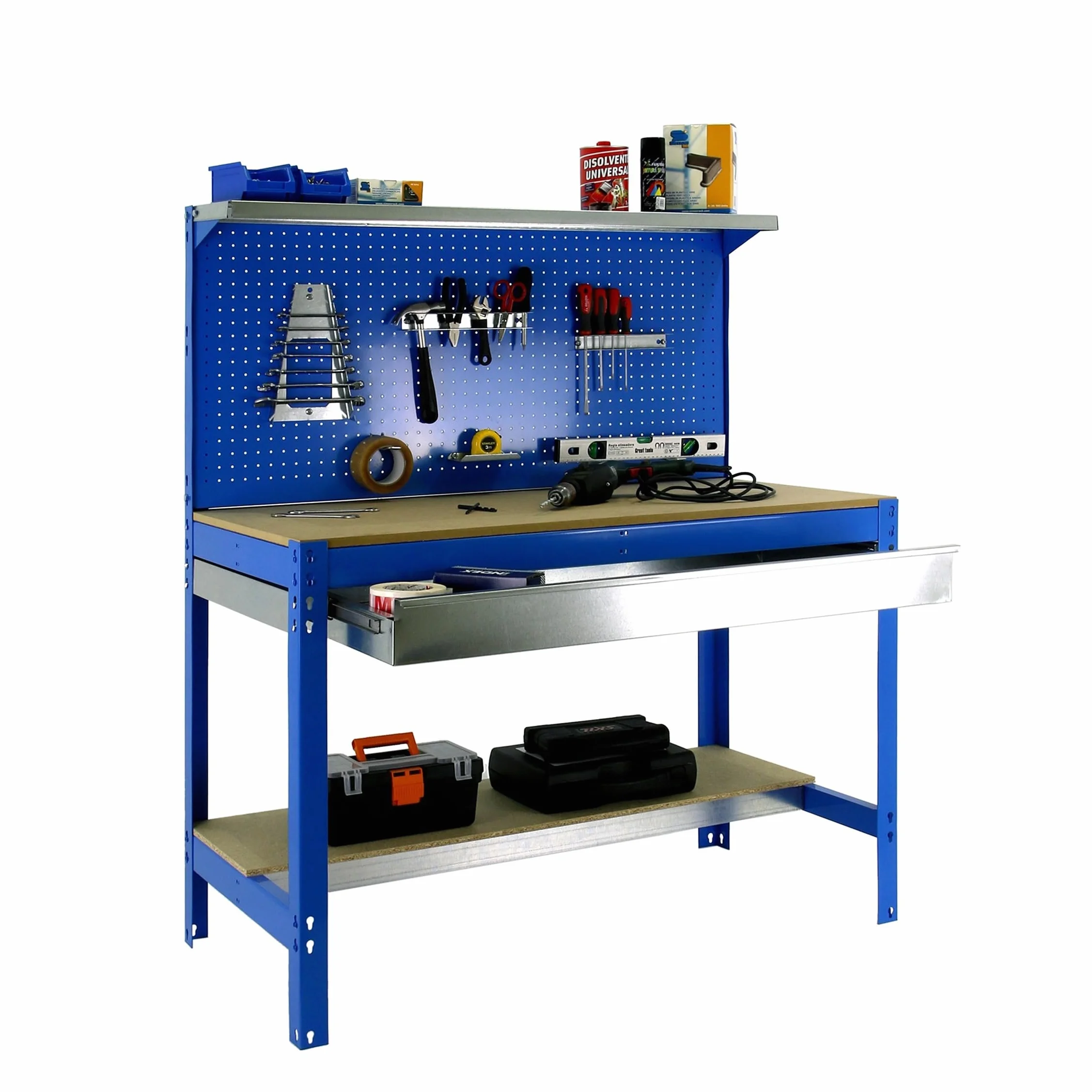 Simon Rack BT3 Banco de Trabajo Taller 600 kg 1445x1210x610 mm Mesa de Trabajo 1 Cajón Azul Madera