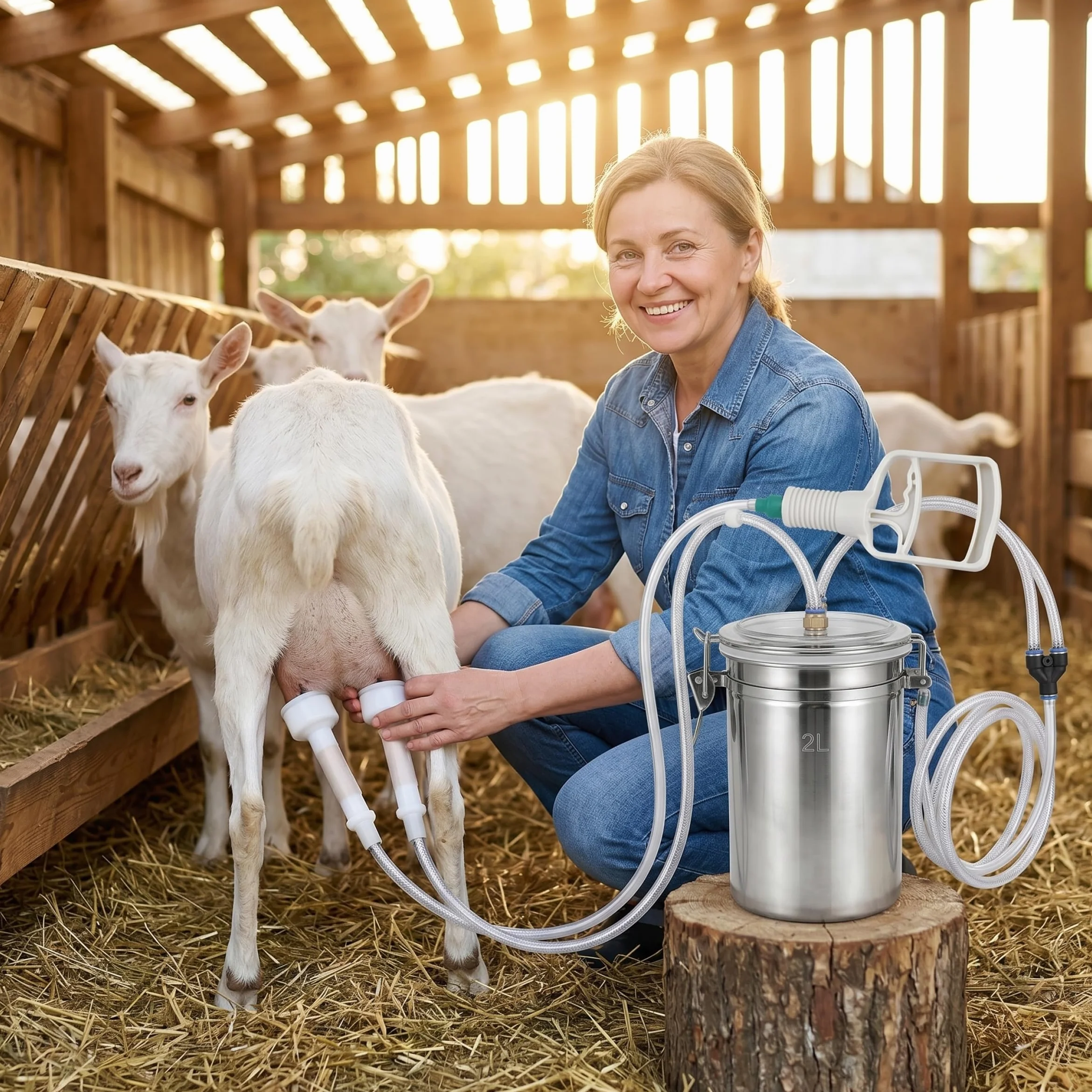 Máquina de ordeño, máquina de ordeño manual para cabras, diseño de doble cabezal, cubo de acero inoxidable de 2 litros, de portátil con bomba manual, para cabras, vacas y