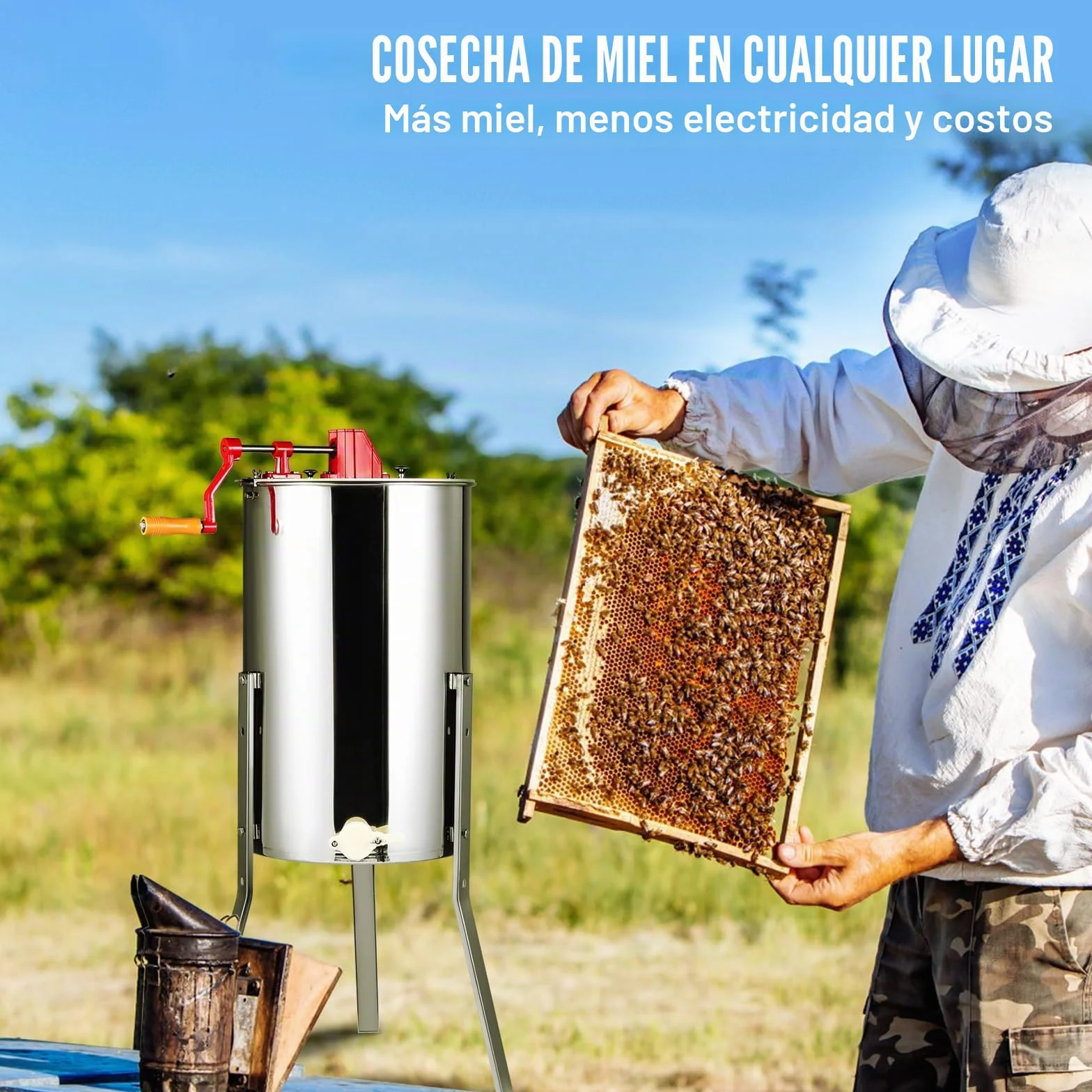 VEVOR Extractor de Miel Manual 2/4 Marcos Centrífuga Separador de Miel de Acero Inoxidable con Tapa Adecuado de Panal Tamaño Profundo 48x23 cm Tamaño Mediano 48x16 cm Altura Regulable para Apicultura