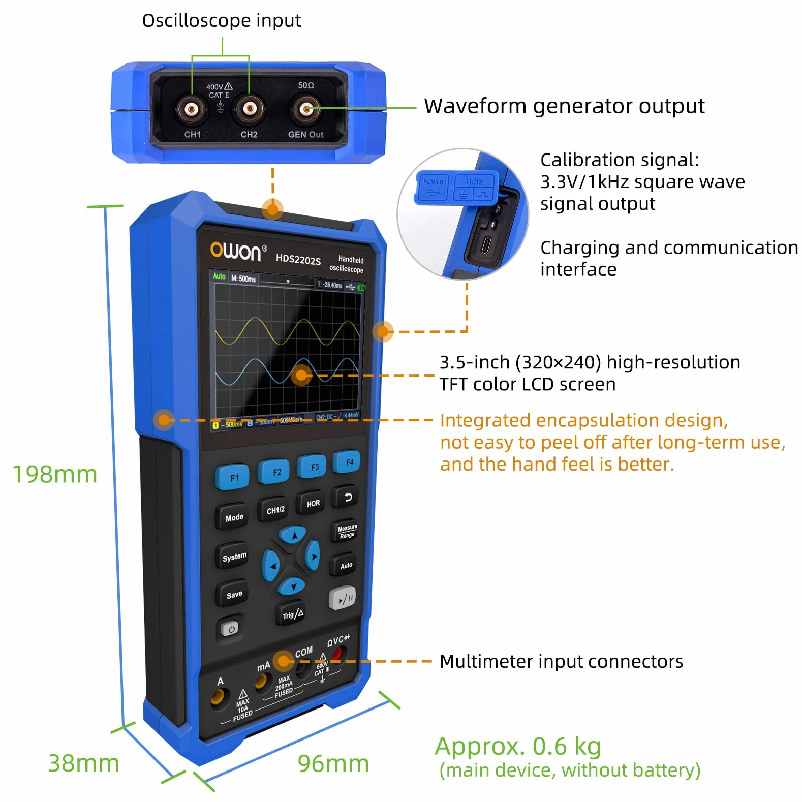 OWON HDS2202s Osciloscopio 3 en 1 Profesional de PC de Mano Osciloscopio Digital, 20000 Cuentas, Instrumento de Prueba Universal, Batería de Litio de Gran Cpacidad (200 MHz+2CH +1CH)
