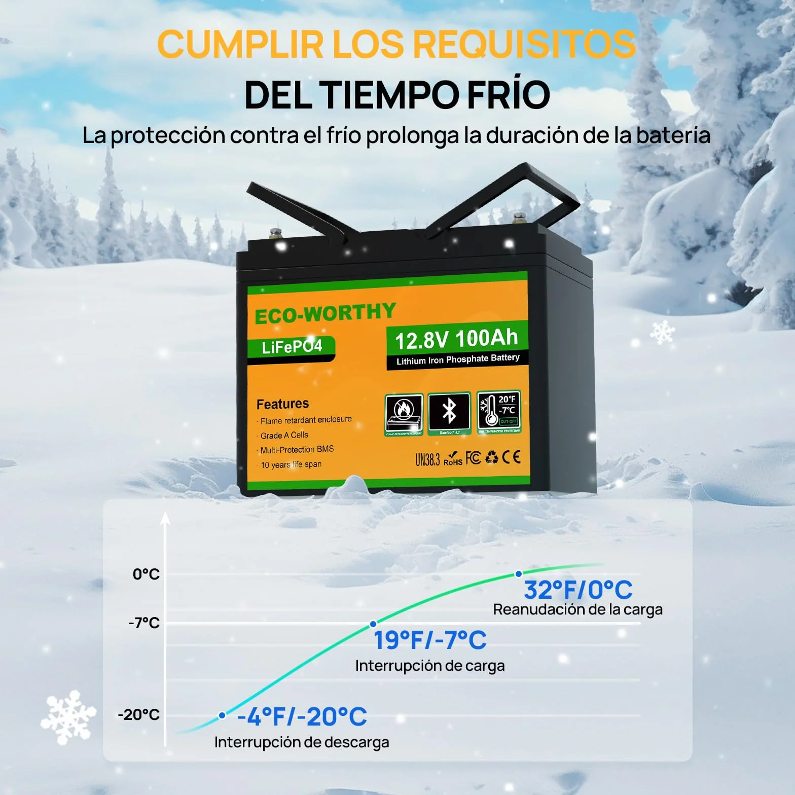 ECO-WORTHY Batería LiFePO4 12V 100Ah Bluetooth BMS Protección Baja Temperatura 1280Wh para Autocaravanas