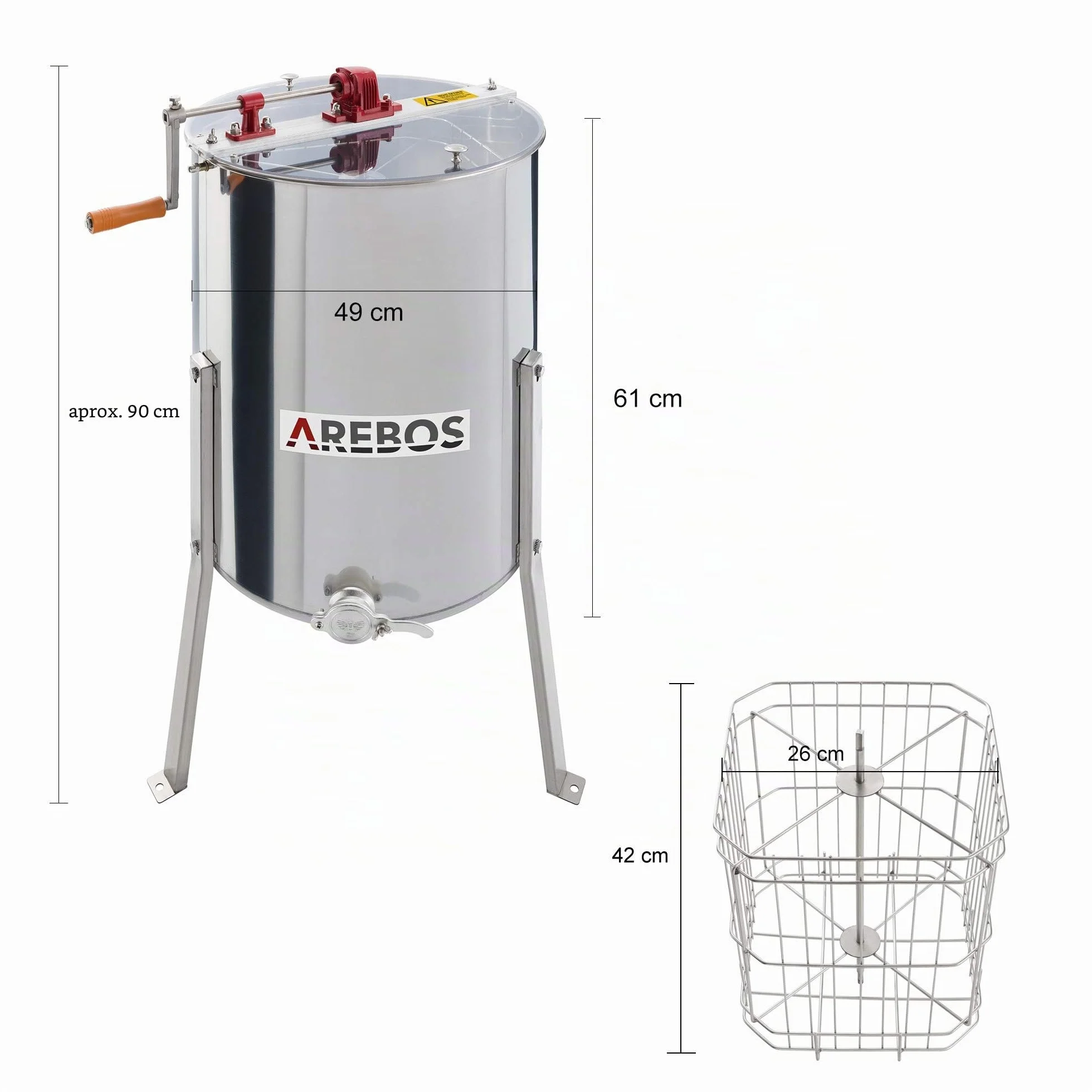 Arebos Extractor manual de miel Premium | 4 marcos para panales | Extractor tangencial de acero inoxidable | Extractor de miel con tapa | Accesorios para apicultura y apicultores