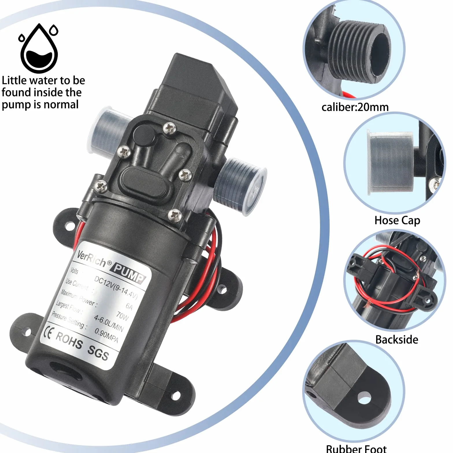 VerRich G1/2 pulgadas 20 mm 12 V bomba de diafragma de alta presión para grifo de agua autocaravana