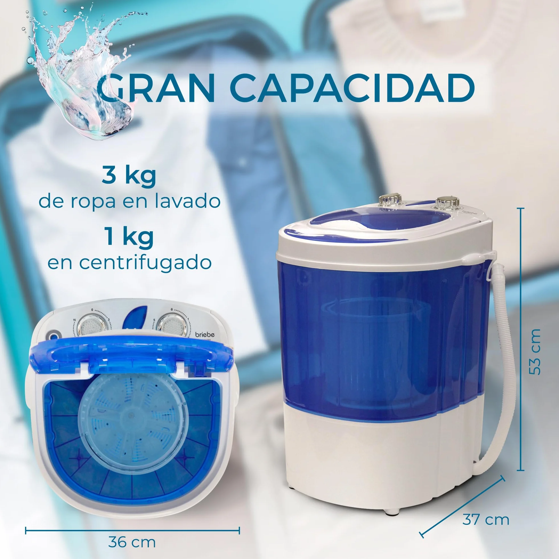 briebe Camp Mini Lavadora Portátil con Centrifugado 3kg Carga Superior Bajo Consumo