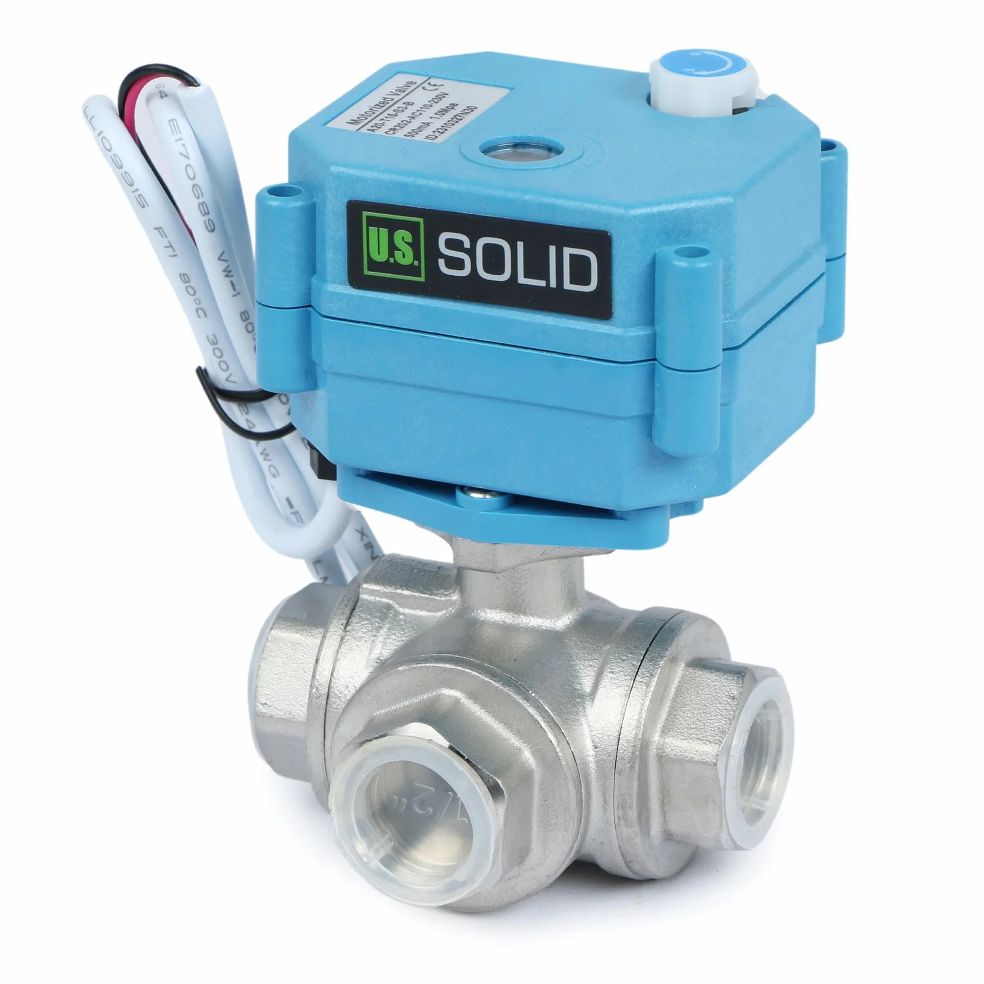 U.S. Solid Válvula motorizada 3 vías acero inoxidable: tipo L - eléctrica válvula con función manual, puerto estándar (1/2", AC110-230V)