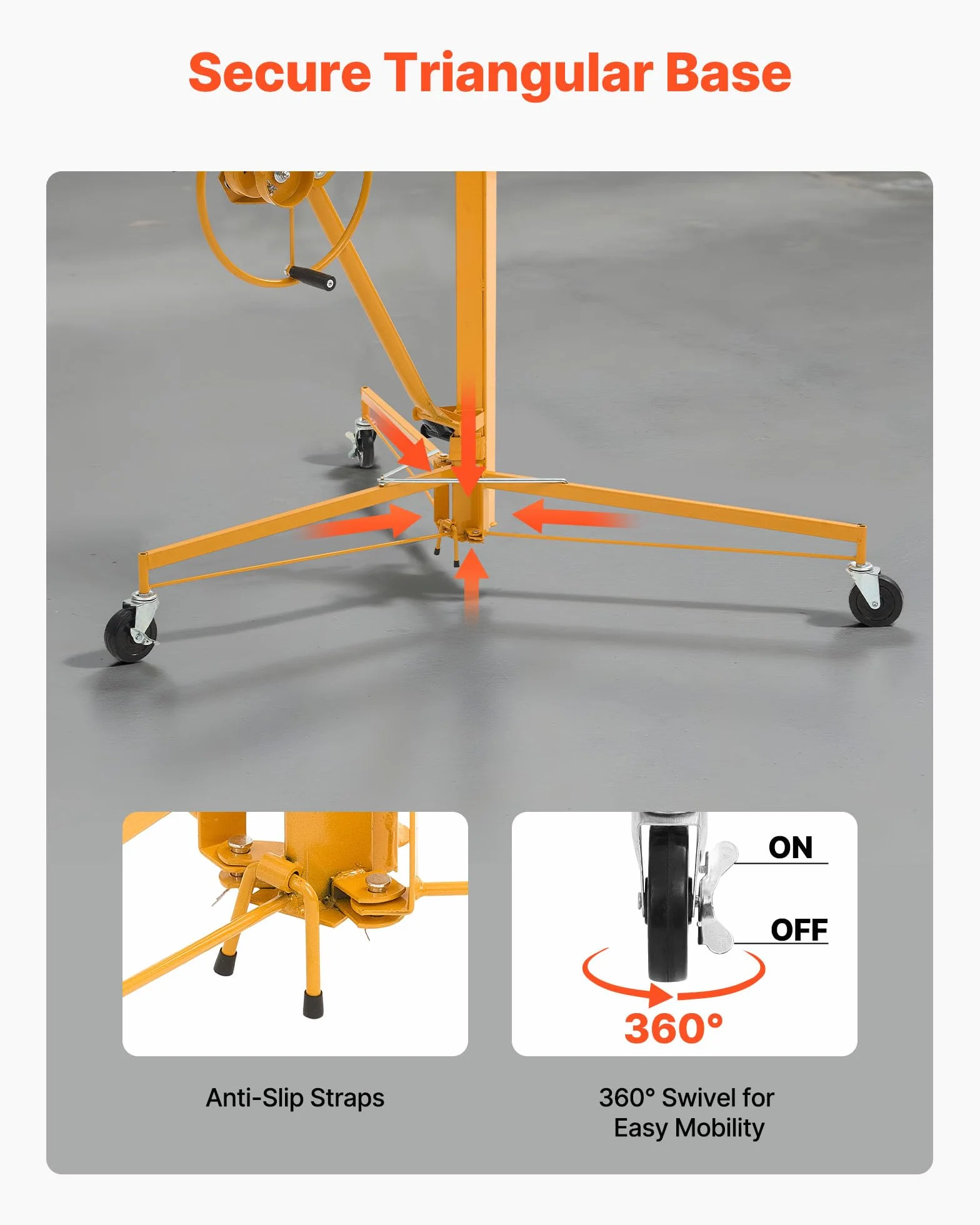 VEVOR Elevador de Placas de Yeso, con Brazo Telescópico Ajustable 1245–2921 mm, Capacidad de Carga de 68 kg, Altura de 3353 mm, para Montaje en Techo y Pared, 1530 x 1530 x 1450 mm, Amarillo