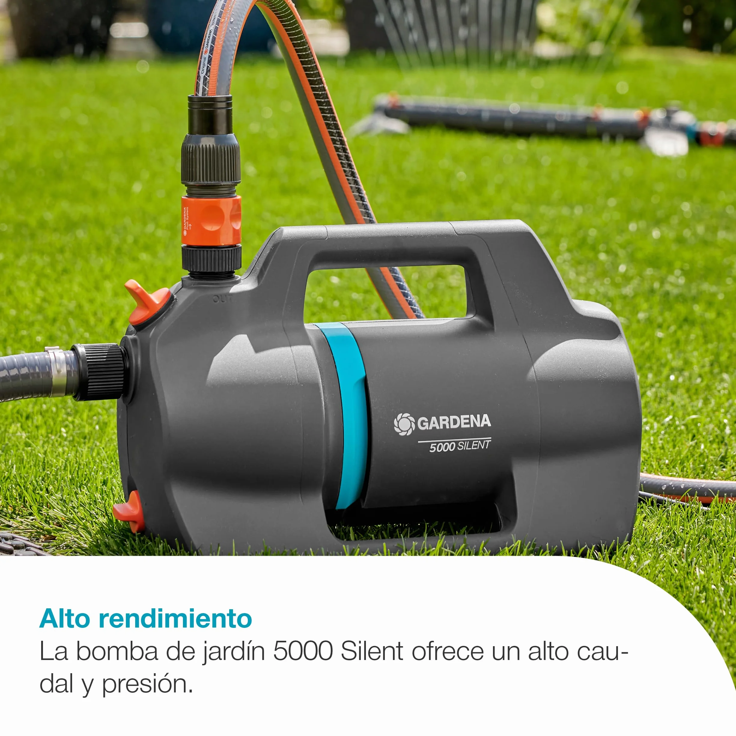 GARDENA Bomba de riego 5000 Bombas silenciosas: 26% más de flujo con el mismo consumo de energía, Tecnología silenciosa, Carcasa resistente a la lluvia y a los rayos UV (9080-20)