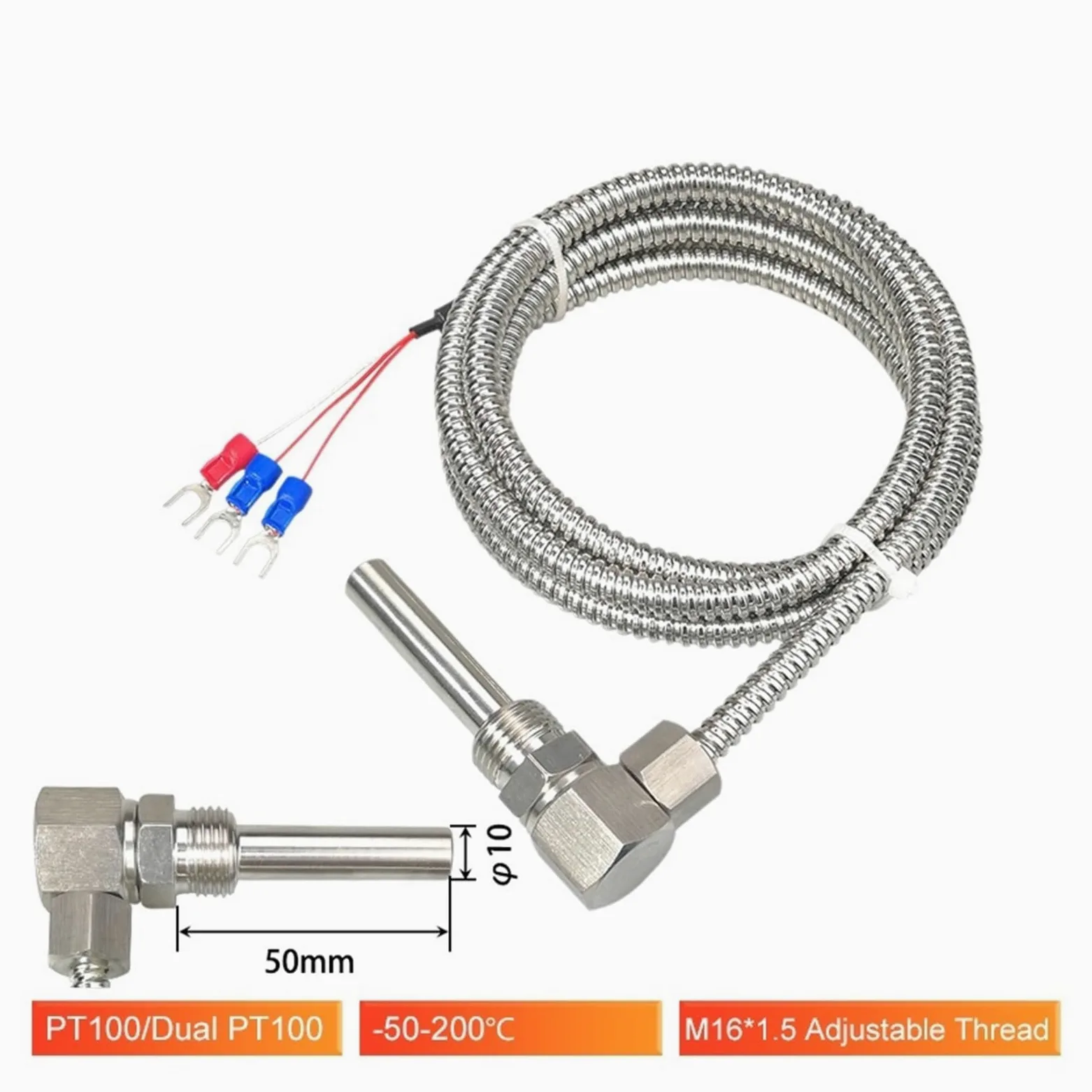 Sensor de temperatura del cojinete Sonda PT100 Sensor de temperatura roscado en forma de L Sonda industrial de acero inoxidable(Pt100 2M Dual)