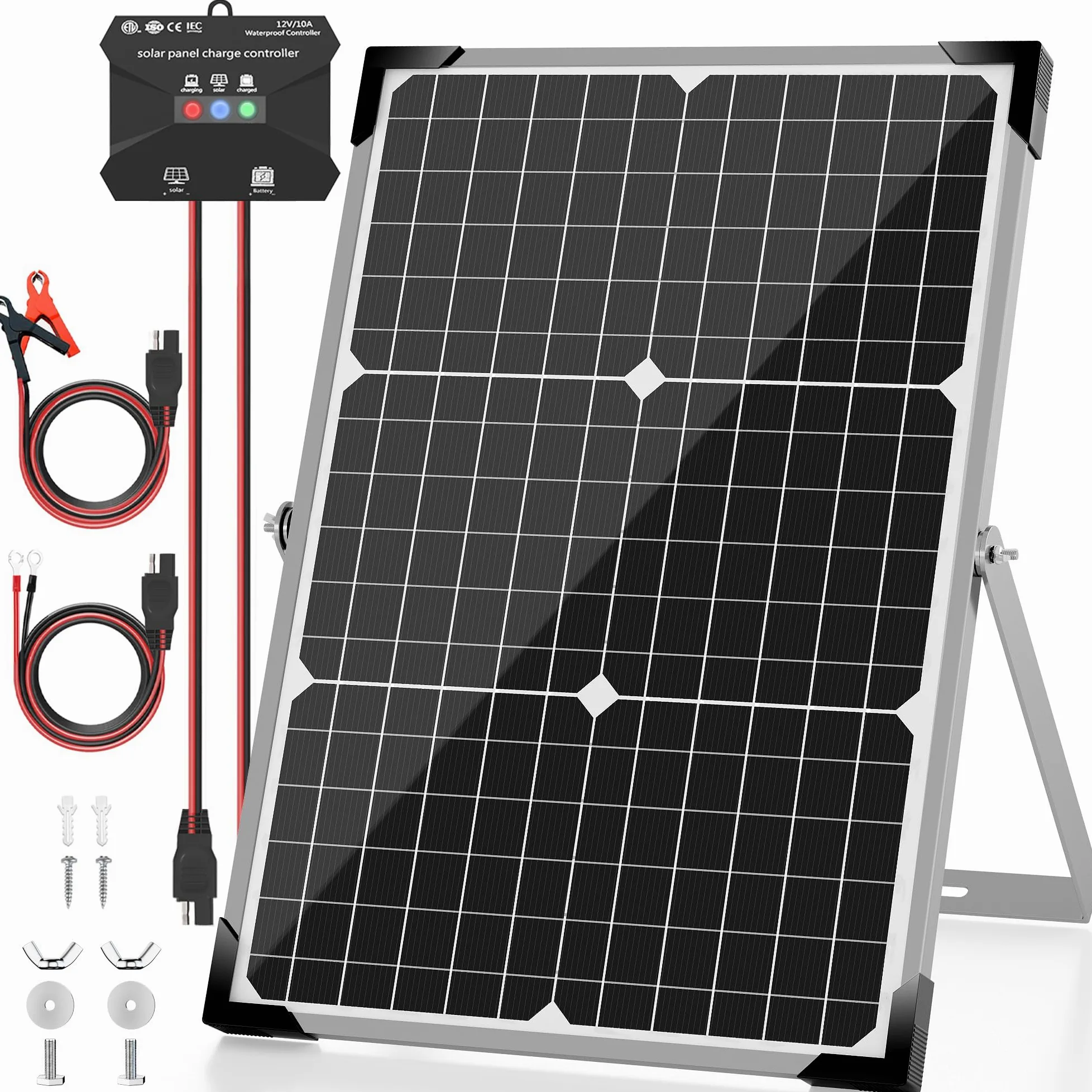 Voltset Kit de panel solar de 30 W y 12 V, cargador de batería solar monocristalino + controlador de carga MPPT de 10 A + soporte de montaje ajustable para coche, RV, barco, motocicleta, abridor de