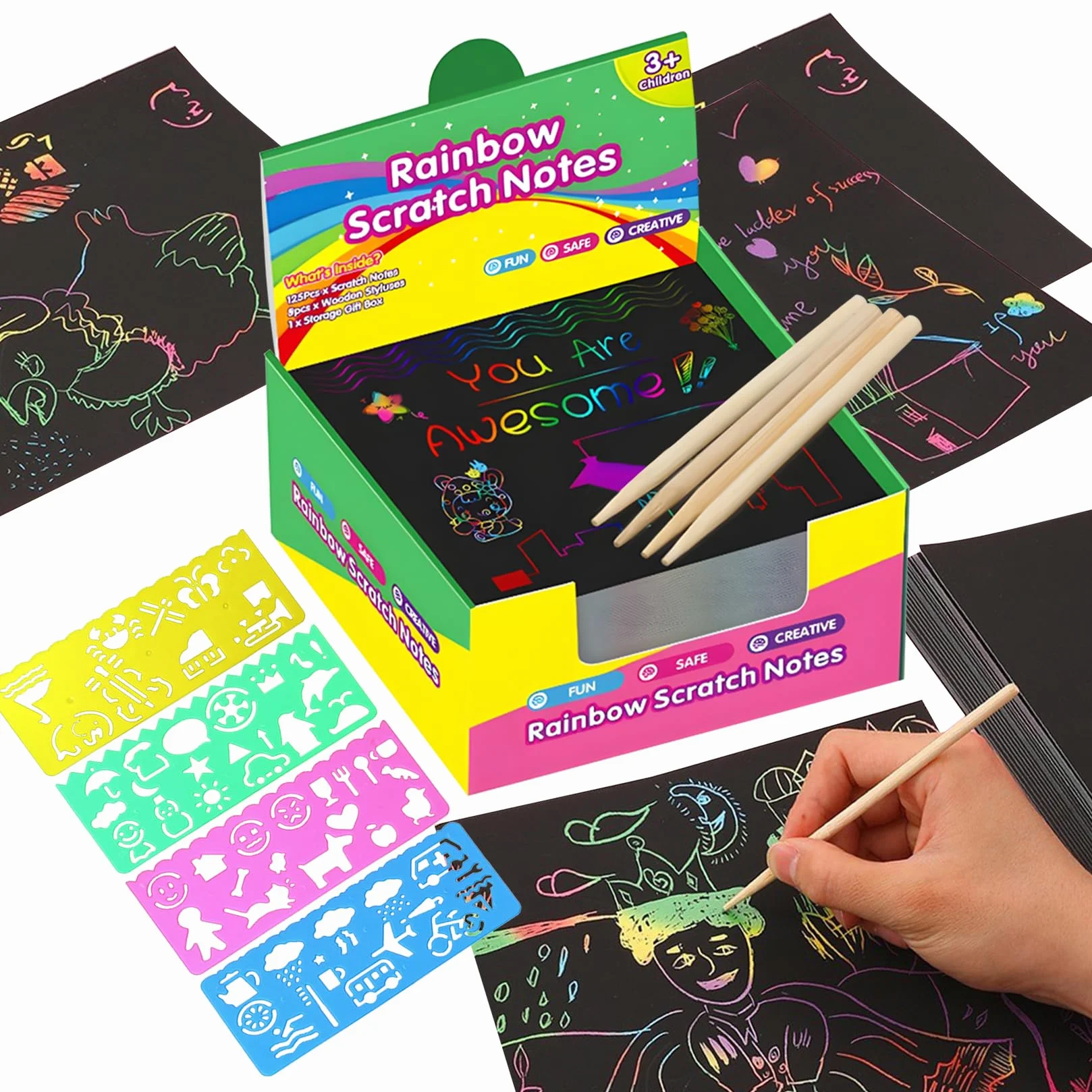 Juego De Dibujos Para Rascar Papel Negro 8,5 Cm Con 4 Bolígrafos Y 4 Plantillas Para Niños