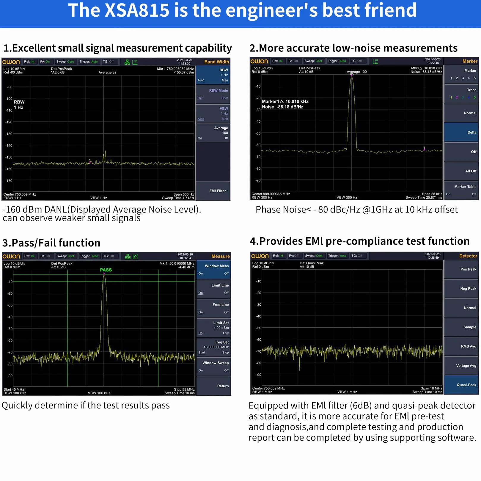 OWON XSA815-TG Analizador de Espectro Digital con Generador de Seguimiento,rango de frecuencia de 9 kHz a 1,5GHz,LCD TFT de 9 pulgadas con alta resolución 1280 x 800 para diversas pruebas industriales