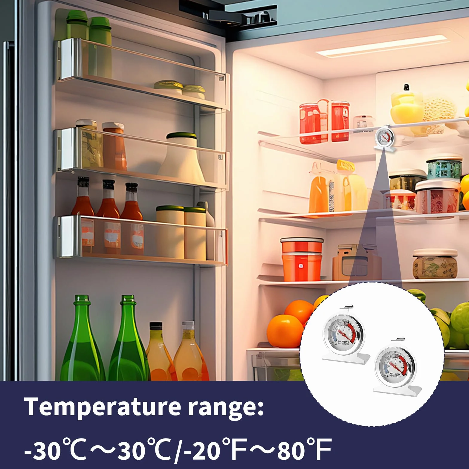 Termómetro para Congelador Acero Inoxidable -30 a 30°C, Gancho para Colgar, 2 Piezas