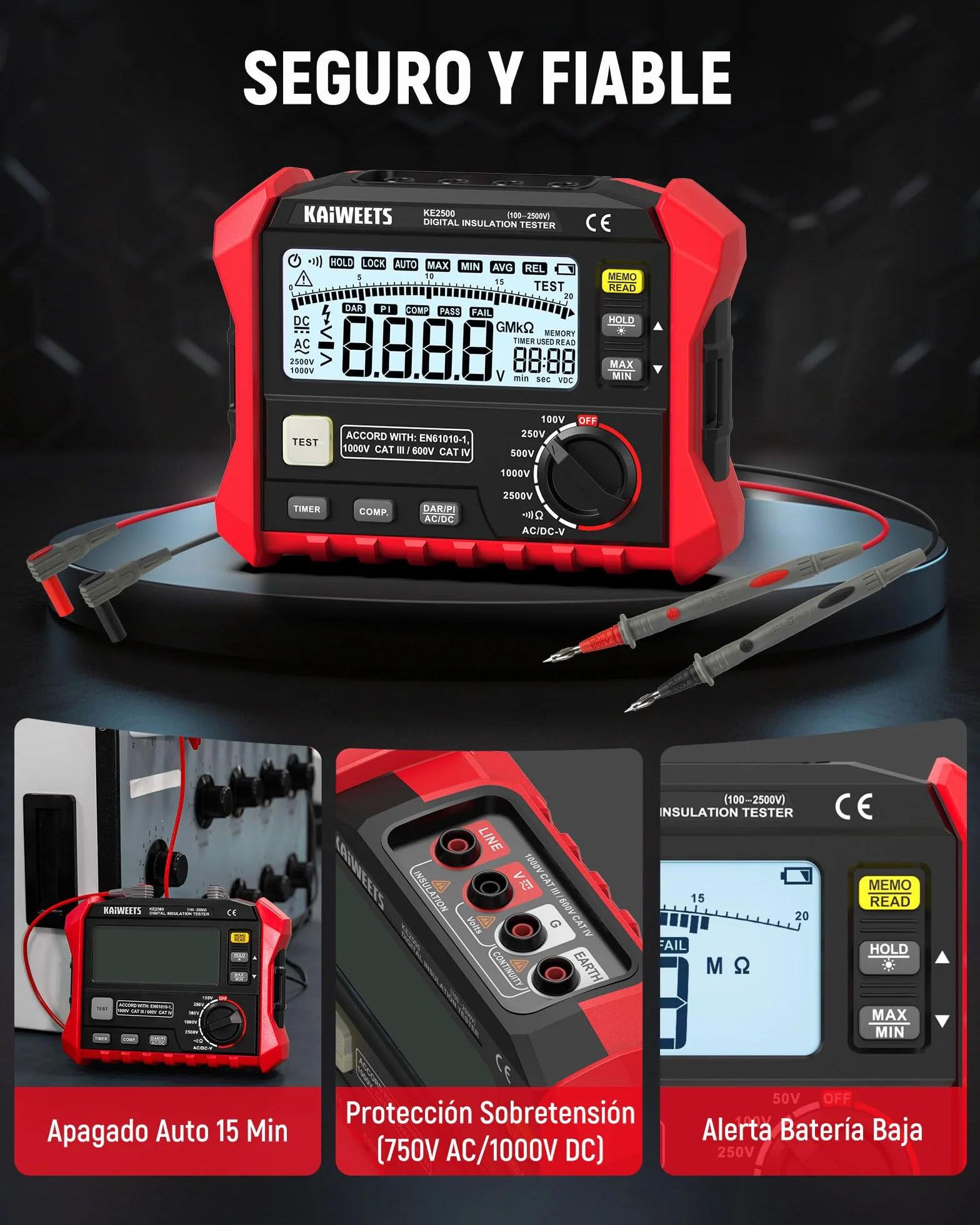 KAIWEETS Comprobador de Resistencia de Aislamiento, Hasta 200 GΩ, Megóhmetro Profesional, 5 Rangos 100 V/250 V/500 V/1000 V/2500 V, DAR/PI con Un Solo Toque, Máx./Mín., Mide Resistencia y Voltaje