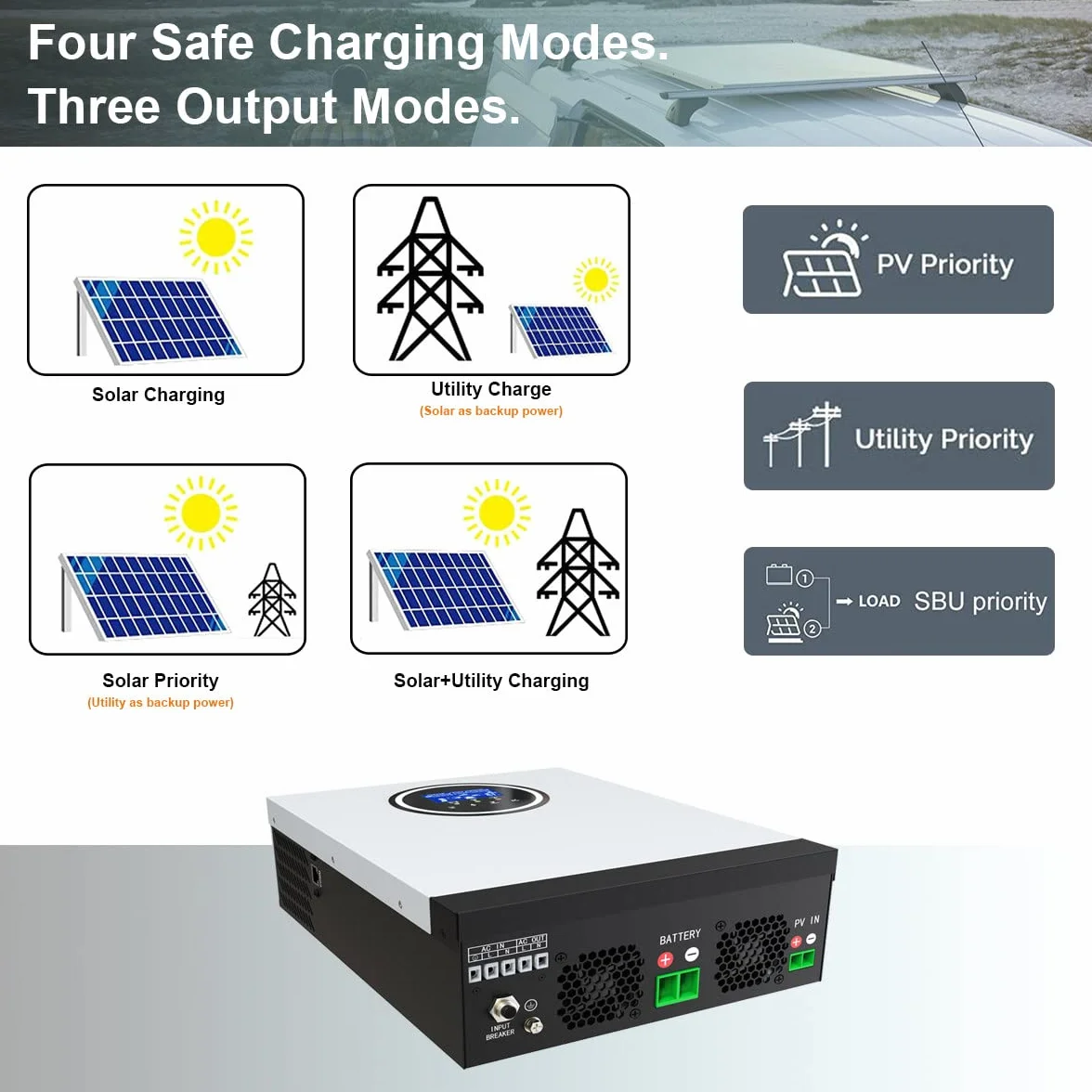 Inversor híbrido Solar de 3KW / 3000W DC 24V AC 230V Inversor de Onda sinusoidal Pura Fuera de la Red 90A MPPT Cargador Solar, PV 130-430V en Soporte