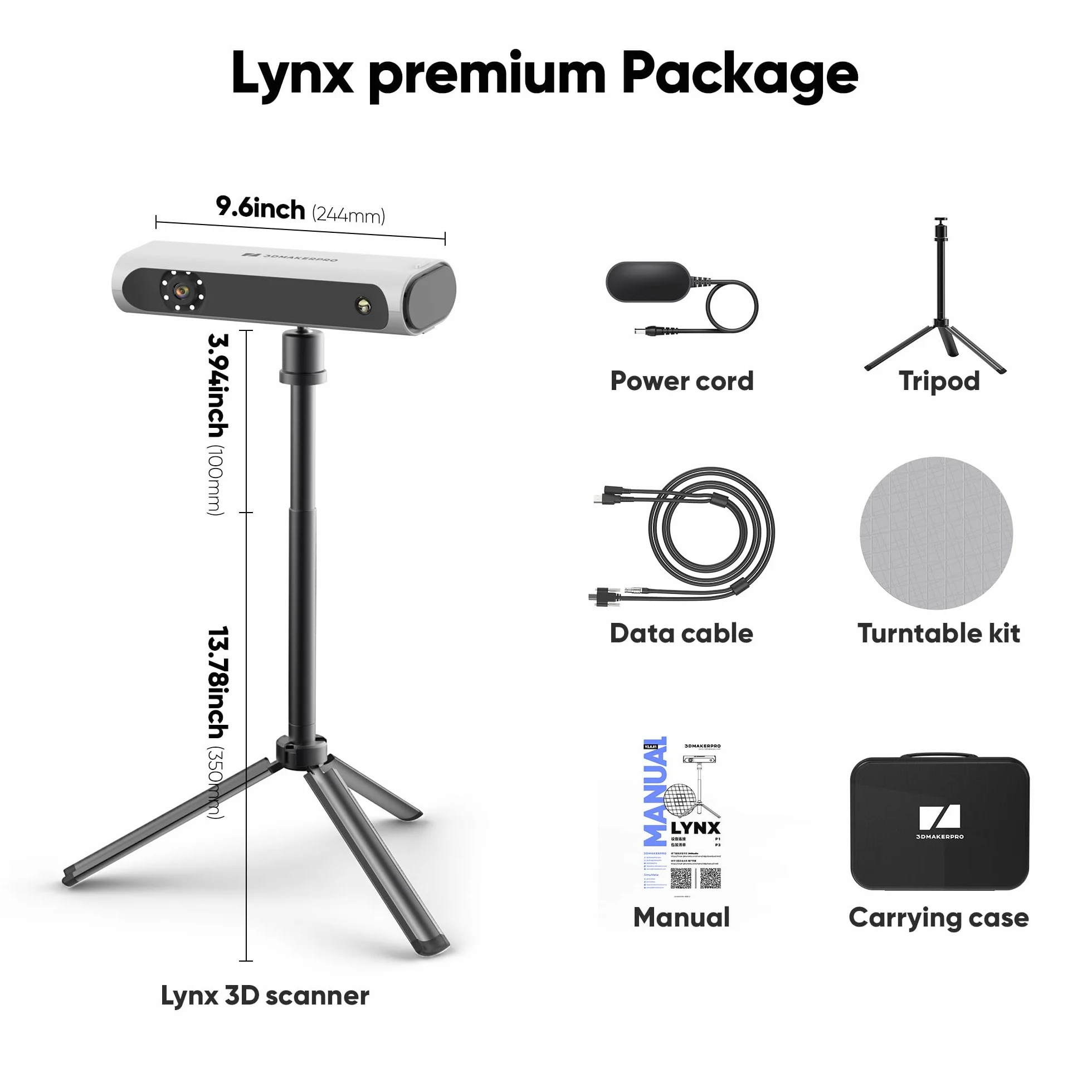 Escáner 3D Lynx 3DMakerpro precisión de 0,1 mm y velocidad de escaneo de 10 FPS Escáner 3D portátil para diseño de modelo de impresión 3D - Paquete premium