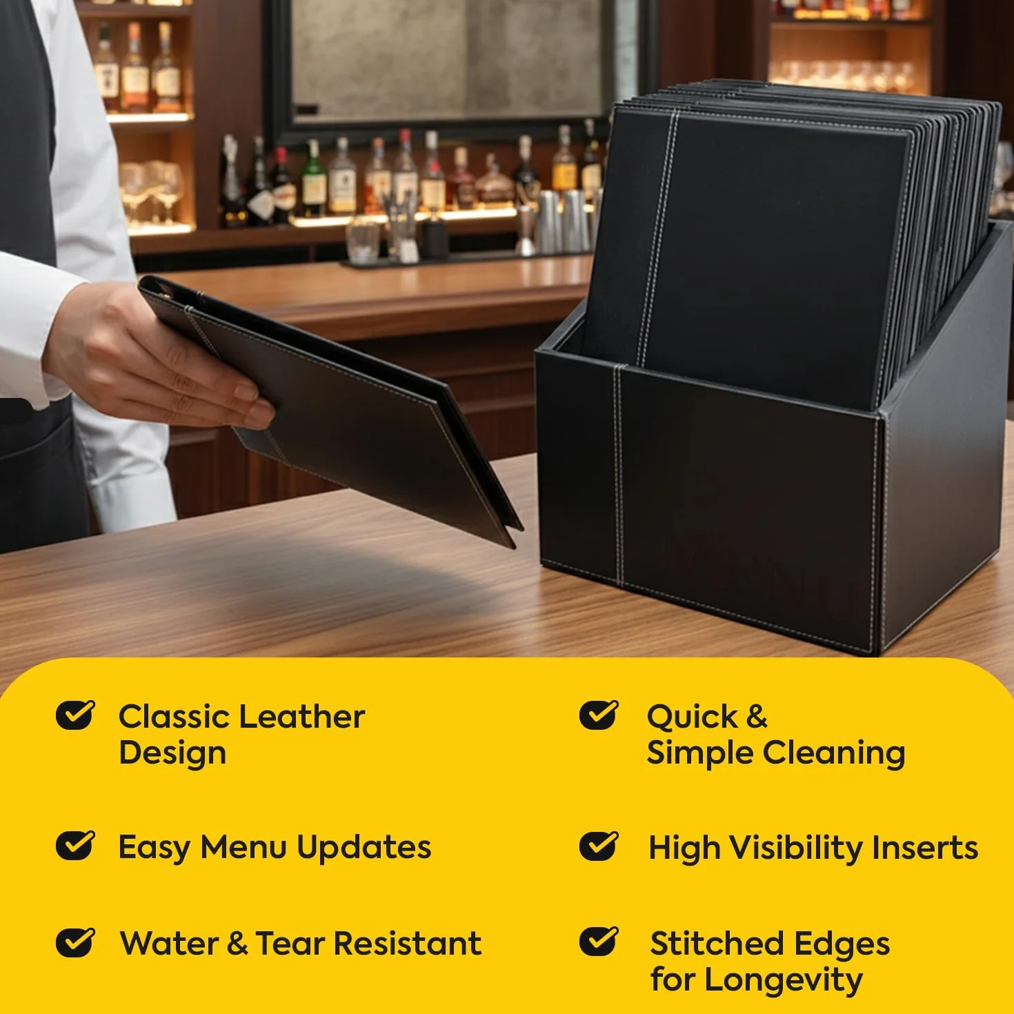 SECURIT - Set de 20 Portamenús Trendy Line con Caja de Exhibición - 1 Inserto Fijo Doble Cara = 4 Páginas A4 - Posibilidad de Añadir Insertos - Café, Bar, Restaurante - Imitación Cuero PU - Negro