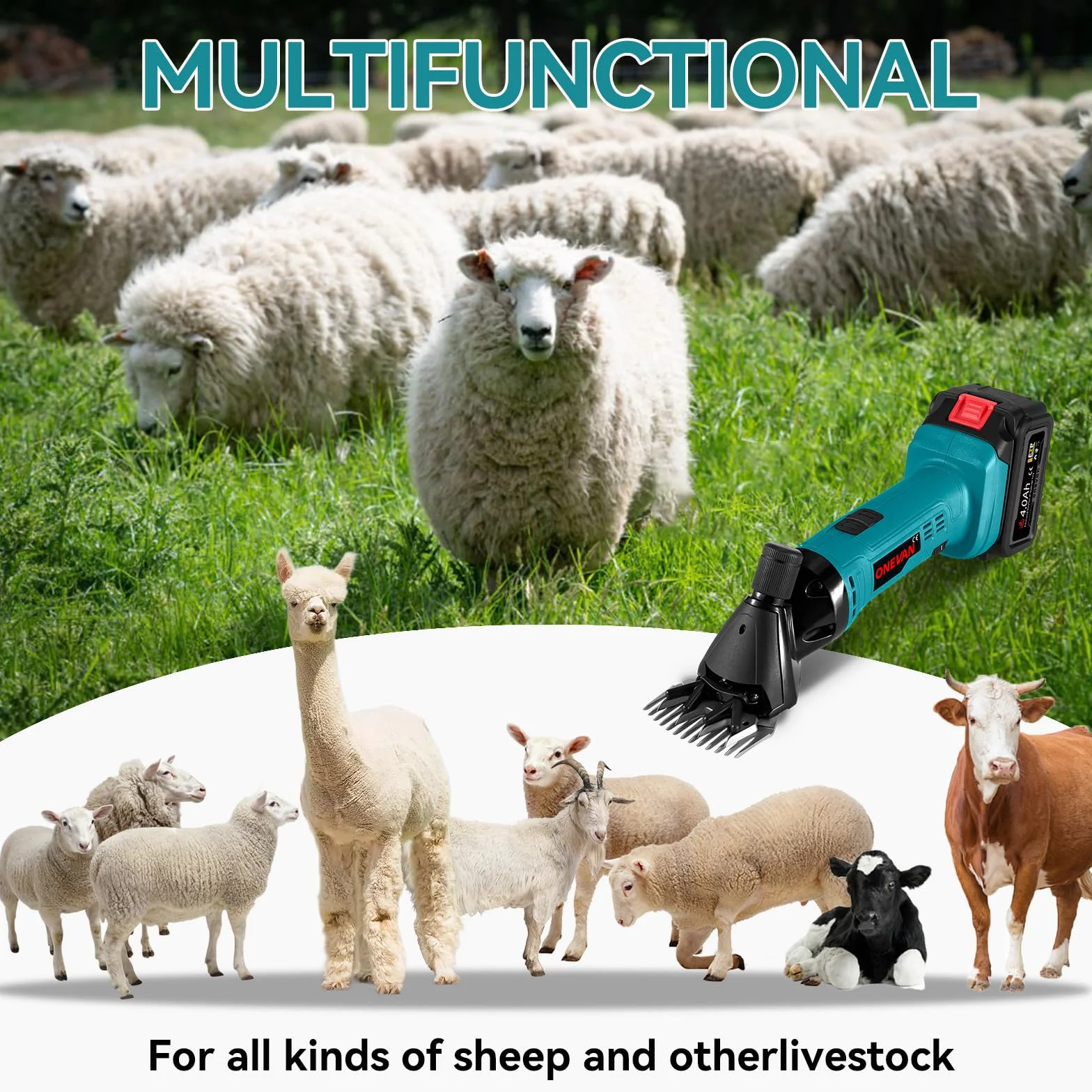 ONEVAN tijeras para ovejas inalámbricas, 200w portátil esquiladora de ovejas con batería de 2x4.0ah, 2400rpm, tijeras eléctricas para ovejas, cabras y alpacas, 6 velocidades, 13tooth