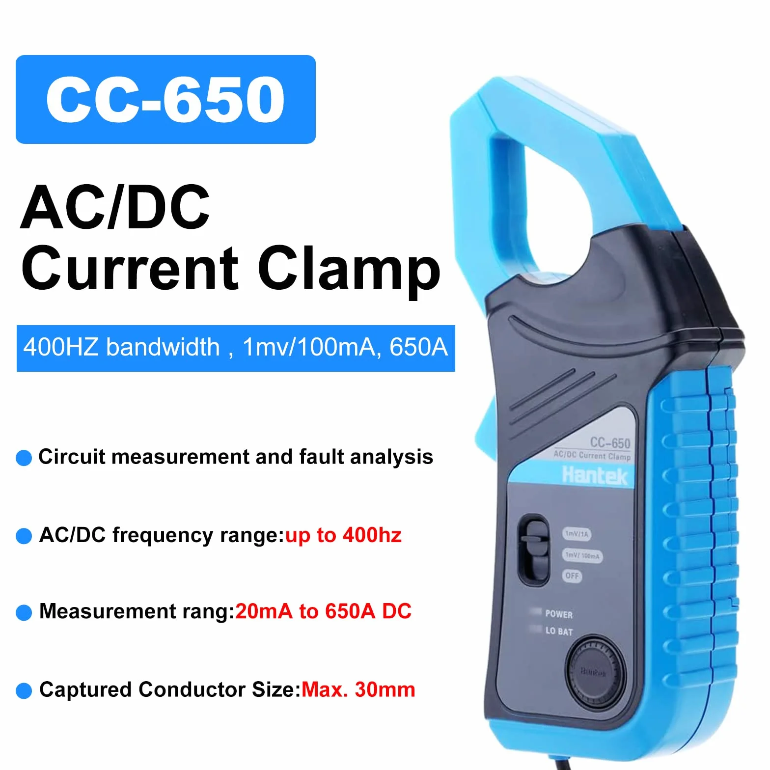 Hantek CC650 Pinza de corriente CA/CC ancho de banda de 400Hz, 1mV/10mA, Osciloscopios automáticos 650A y DMM, Conector BNC