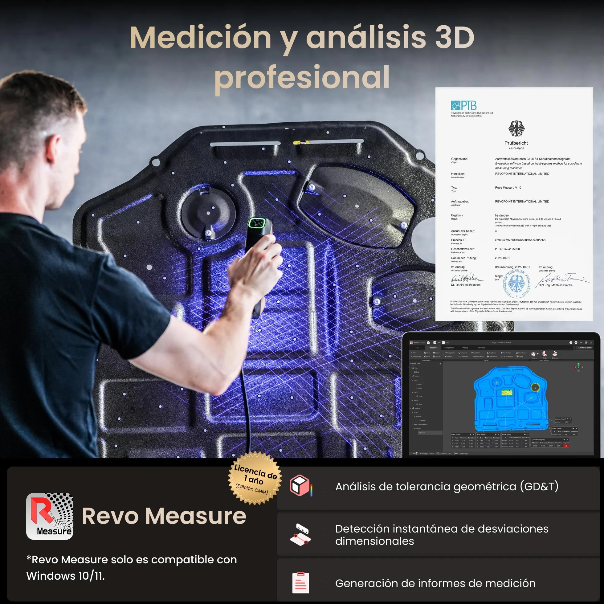 Revopoint MetroY Ultra Escáner 3D, Láser Azul 0,01 mm, GD&T y Análisis Desviaciones, Certificado PTB, 90 FPS, Wi-Fi 6, Escaneo Exterior/Color, Impresión 3D, Placa Bola Fibra Carbono (Solo Win 10/11)
