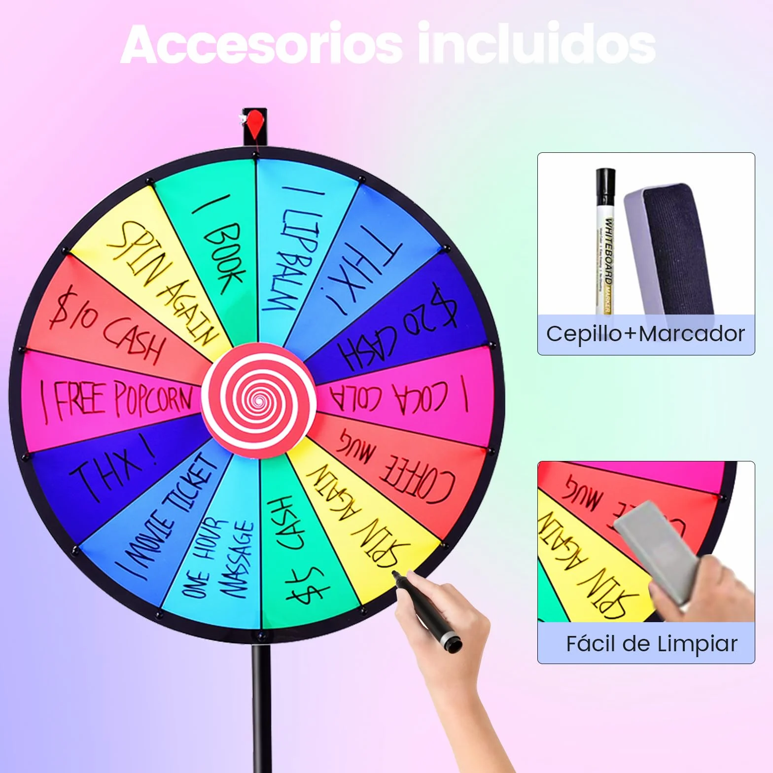 RELAX4LIFE Ruleta de la Suerte 60 cm 14 Ranuras Altura Ajustable 111-167 cm Rueda de la Fortuna con Soporte de Metal Desmontable