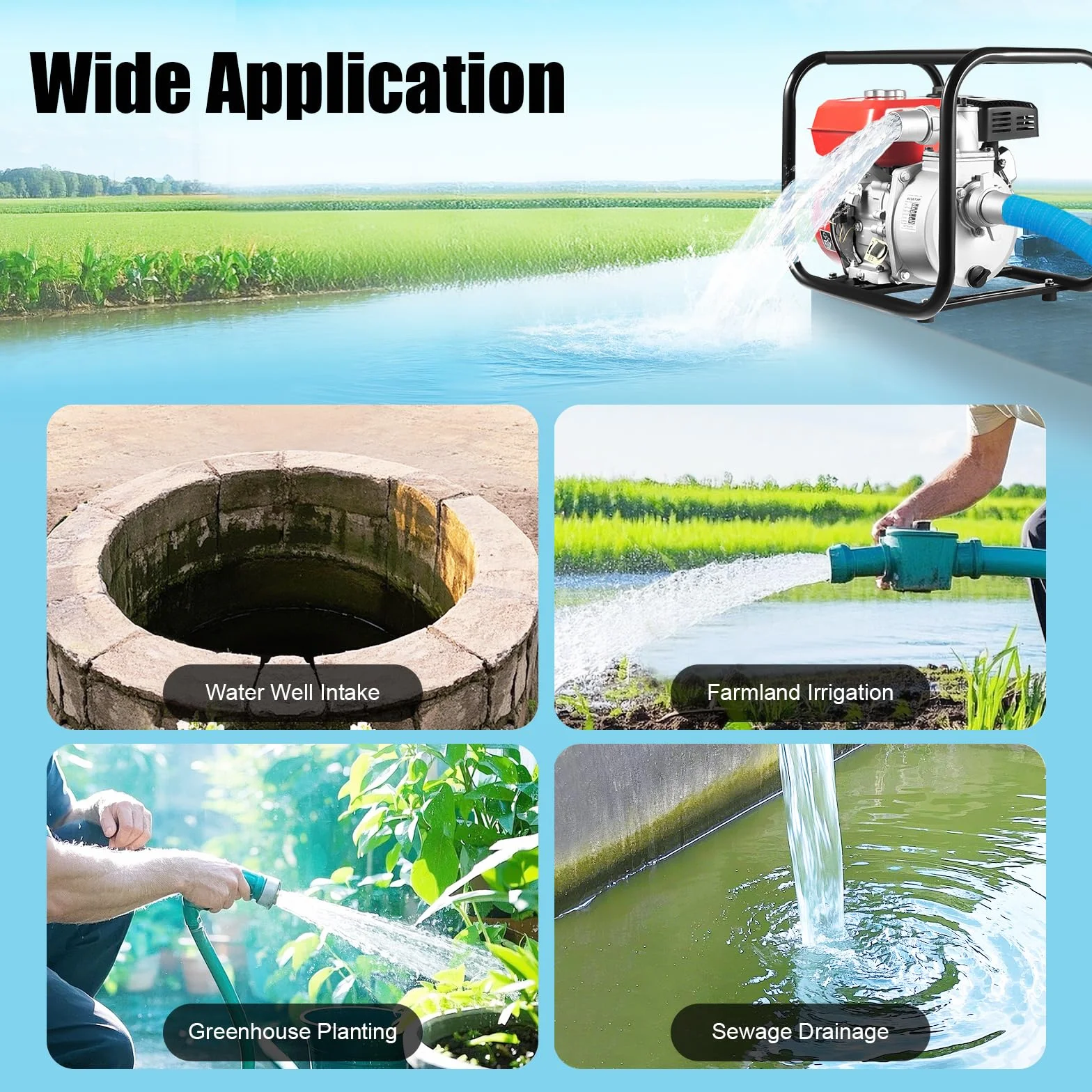 Bomba de agua de gasolina de 7,5 CV, bomba de jardín, bomba de estanque, motor de 4 tiempos, cilindro único, 3600 rpm, 30 m, altura de extracción de 2 pulgadas, diámetro de entrada, volumen de