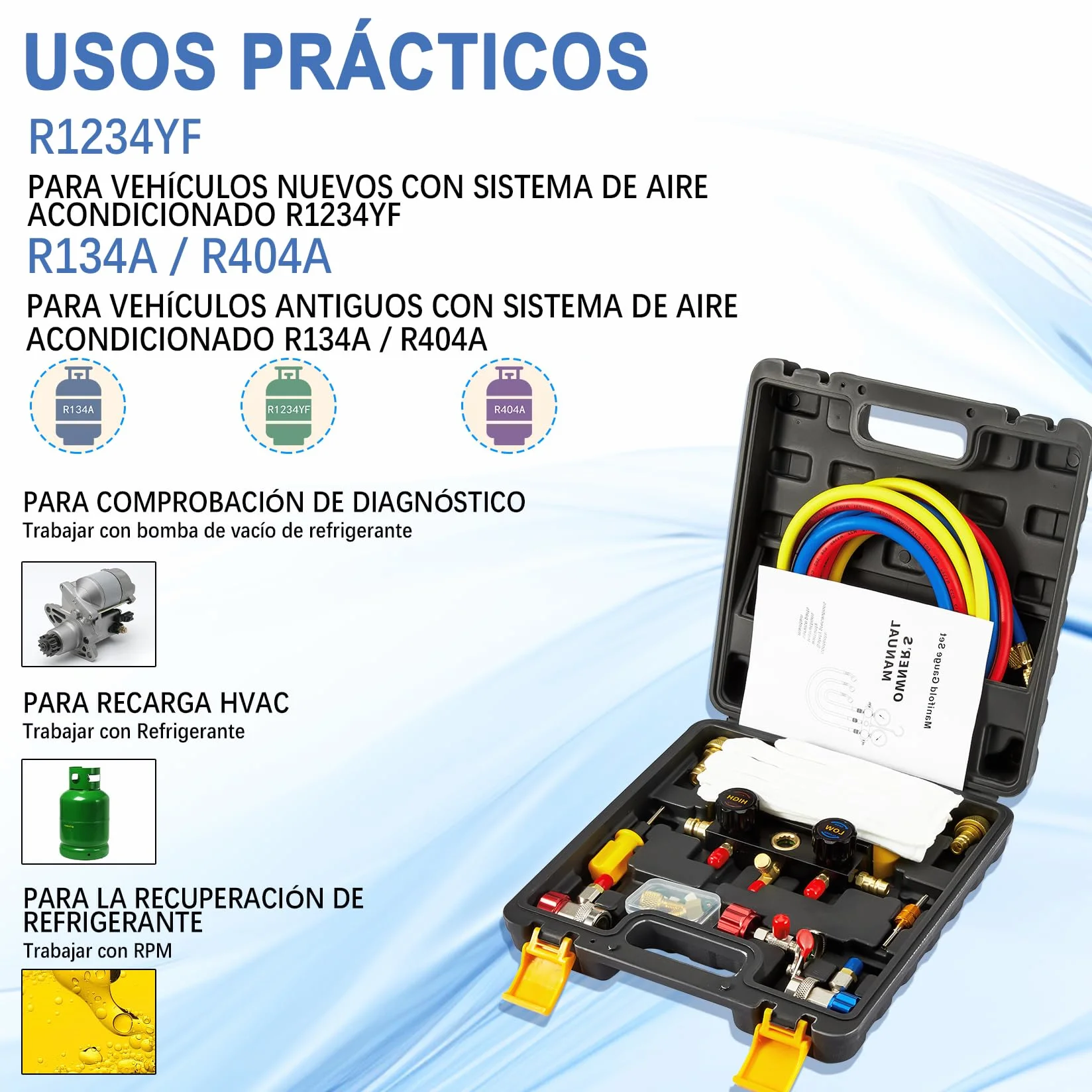 Pindex Puente manómetro 2 vías para refrigerante R1234YF R134A R404A, Manómetro Aire Acondicionado con 3 Mangueras de 1,5 M, para Recarga de Aire Acondicionado Coche