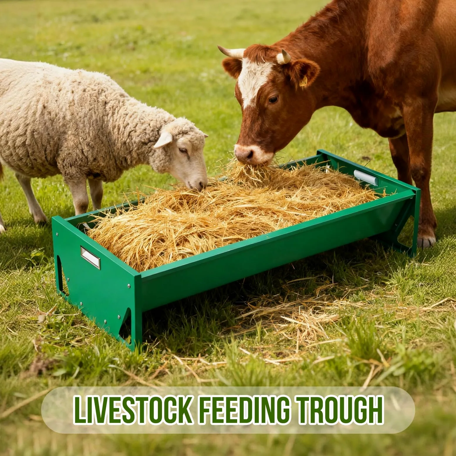 Comedero para Cabras, Comedero para Ganado de Acero Galvanizado de 100 Cm, Alimentador PortáTil de Gran Capacidad para Granjas de Alpacas, Cabras, Terneros, Ovejas y Caballos