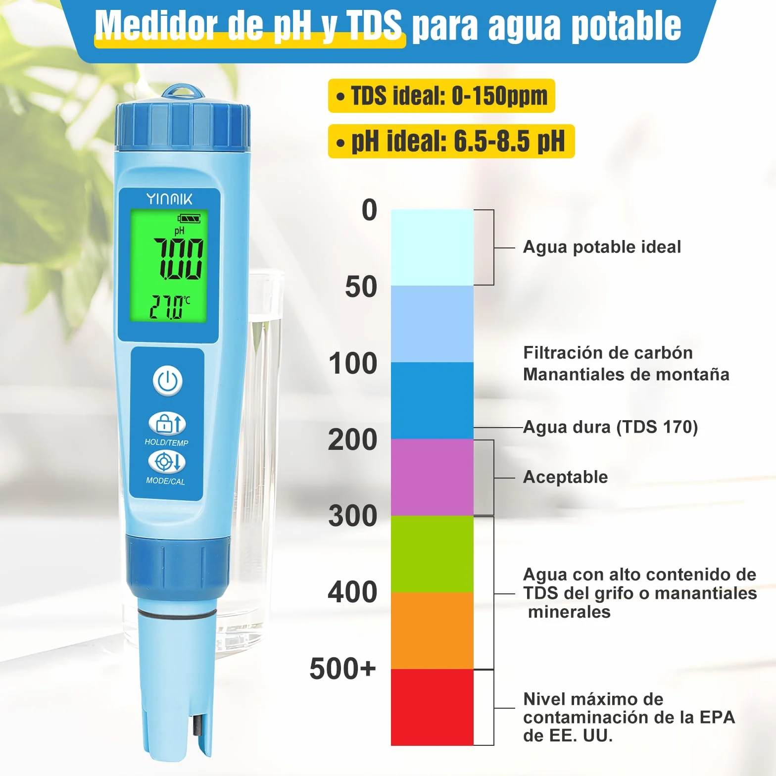 Medidor de pH y EC Hidropónico 4 en 1, Comprobador Digital de pH PPM y TDS