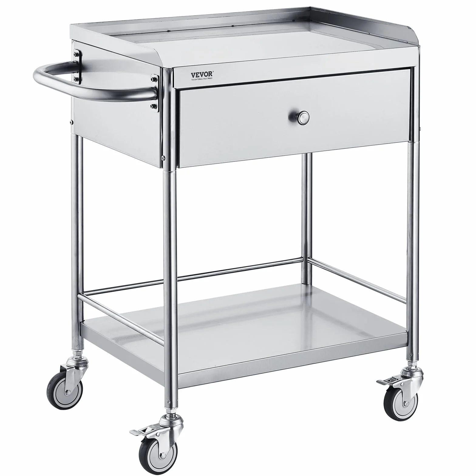 VEVOR Carro de Laboratorio de Acero Inoxidable 2 Niveles Carrito de Médico 71x42x78,5 cm Carro con Cajón Carga de 100 kg Movimiento Silencioso para Almacenamiento Clínico Cocina Hotel Salón de Belleza