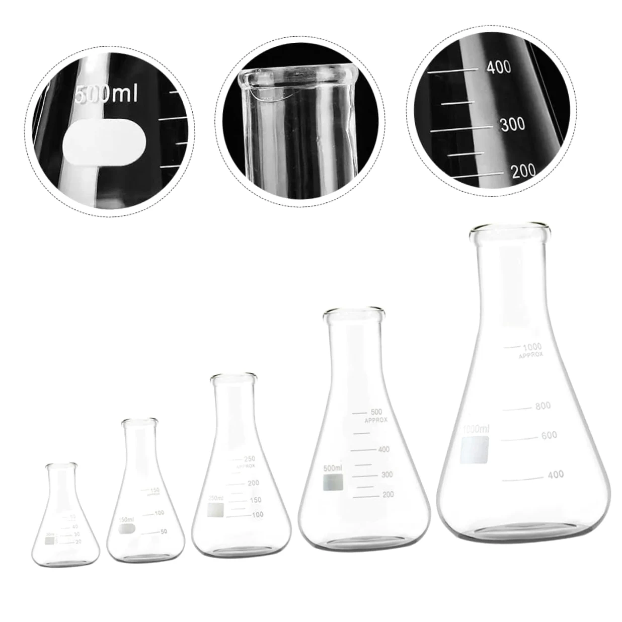 Anneome Matraz Cónico de Vidrio de Borosilicato 5 Piezas para Laboratorio | Boca Estrecha, Fondo Plano y Graduaciones Estándar, 50ml a 1000ml, Uso en Educación