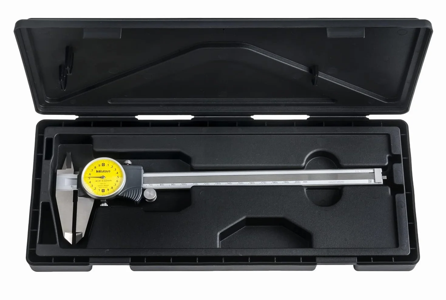 Mitutoyo 505-731 - Calibre de la esfera, acero inoxidable, cara amarilla, rango de 0-200 mm, precisión de +/-0,03 mm, resolución de 0,02 mm