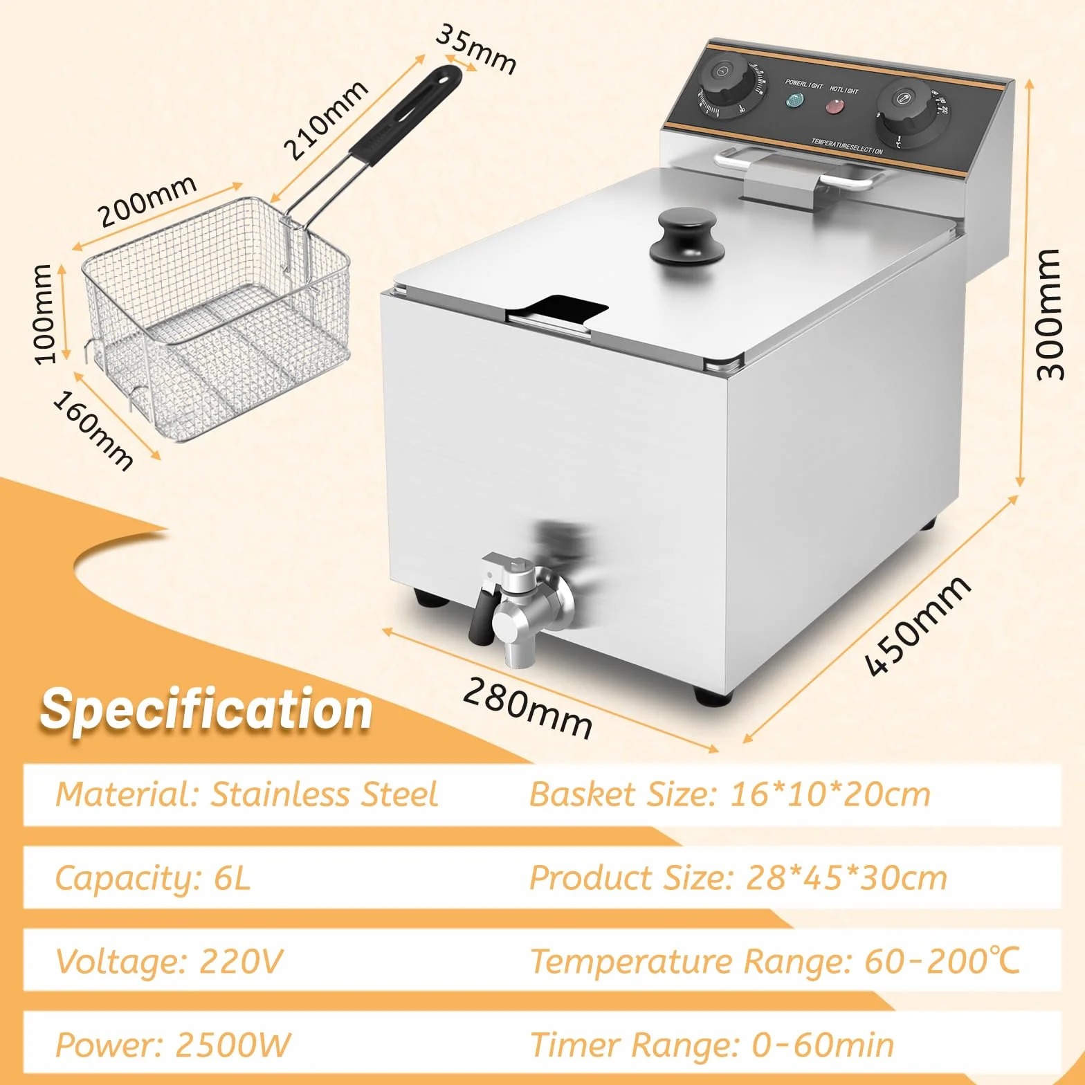 Freidora Eléctrica Profesional 6L, Freidora eléctrica comercial de acero inoxidable con grifo, freidora de aceite, Temperatura ajustable 60-200 °C, 3000W