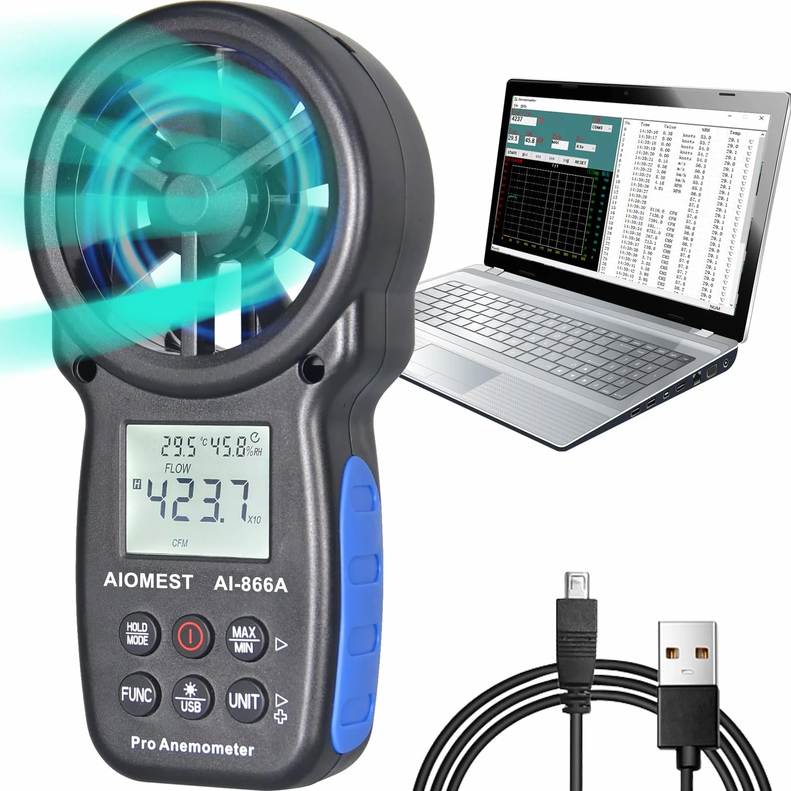 AIOMEST Anemómetro HVAC CFM Medidor de Flujo de Aire Portátil Velocidad del Viento
