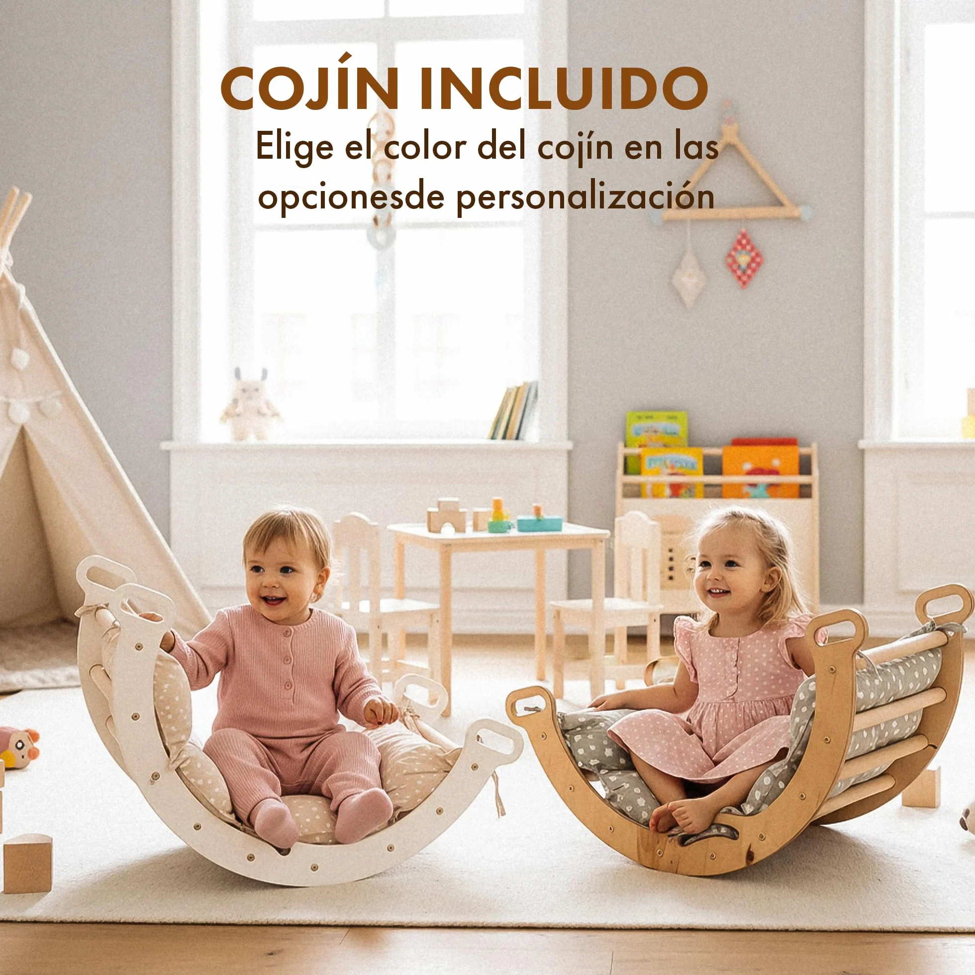 Estructura de Escalada 5 en 1 para Niños - Escalera Triángulo, Arco, Balance Board y Cojín, Montessori, Gimnasio de Madera 1-3 Años
