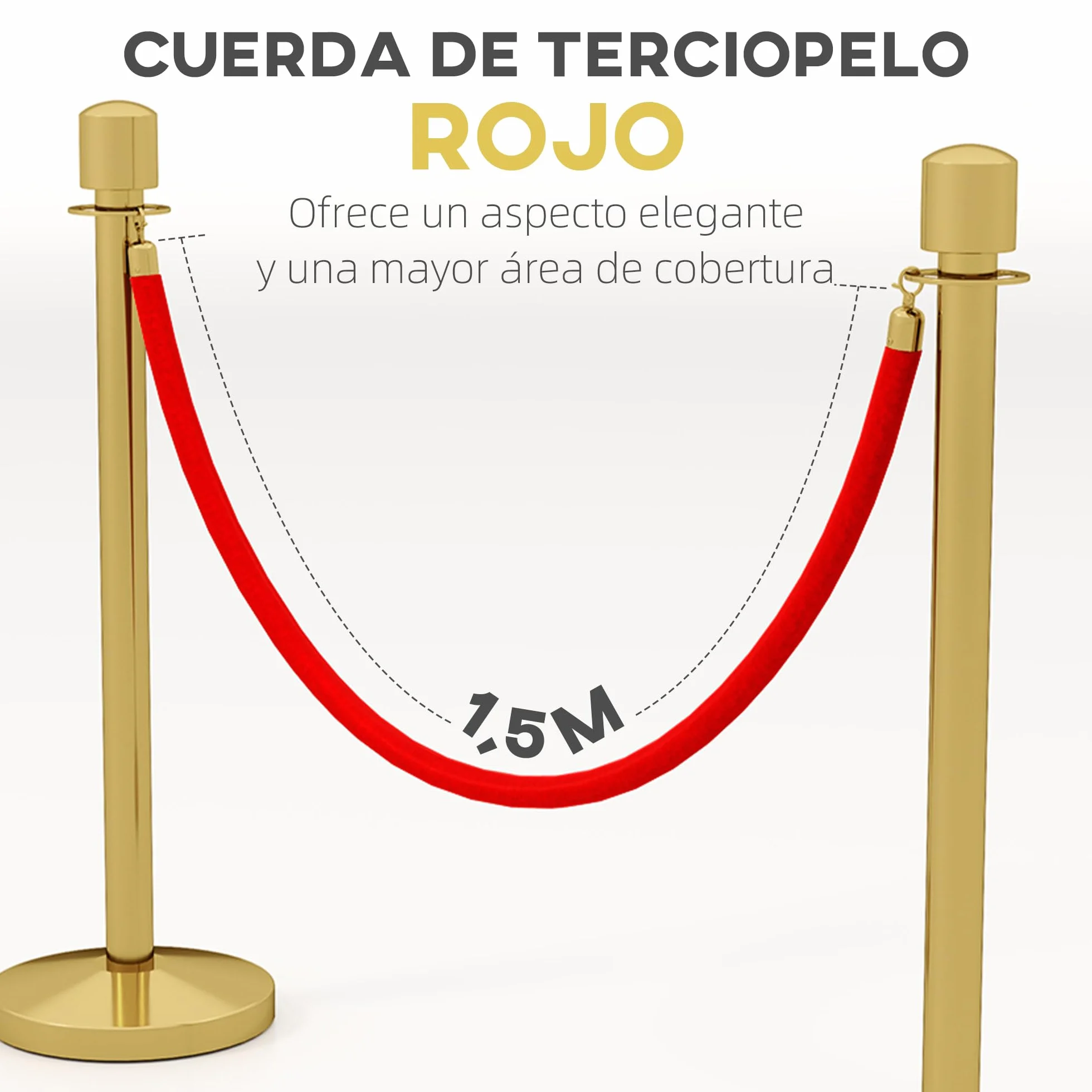 HOMCOM Juego de 2 Postes Separadores de Acero Inoxidable, Barreras de Seguridad con Cuerda de Terciopelo Roja 1,5 m y Base Rellenable de Agua, Dorado