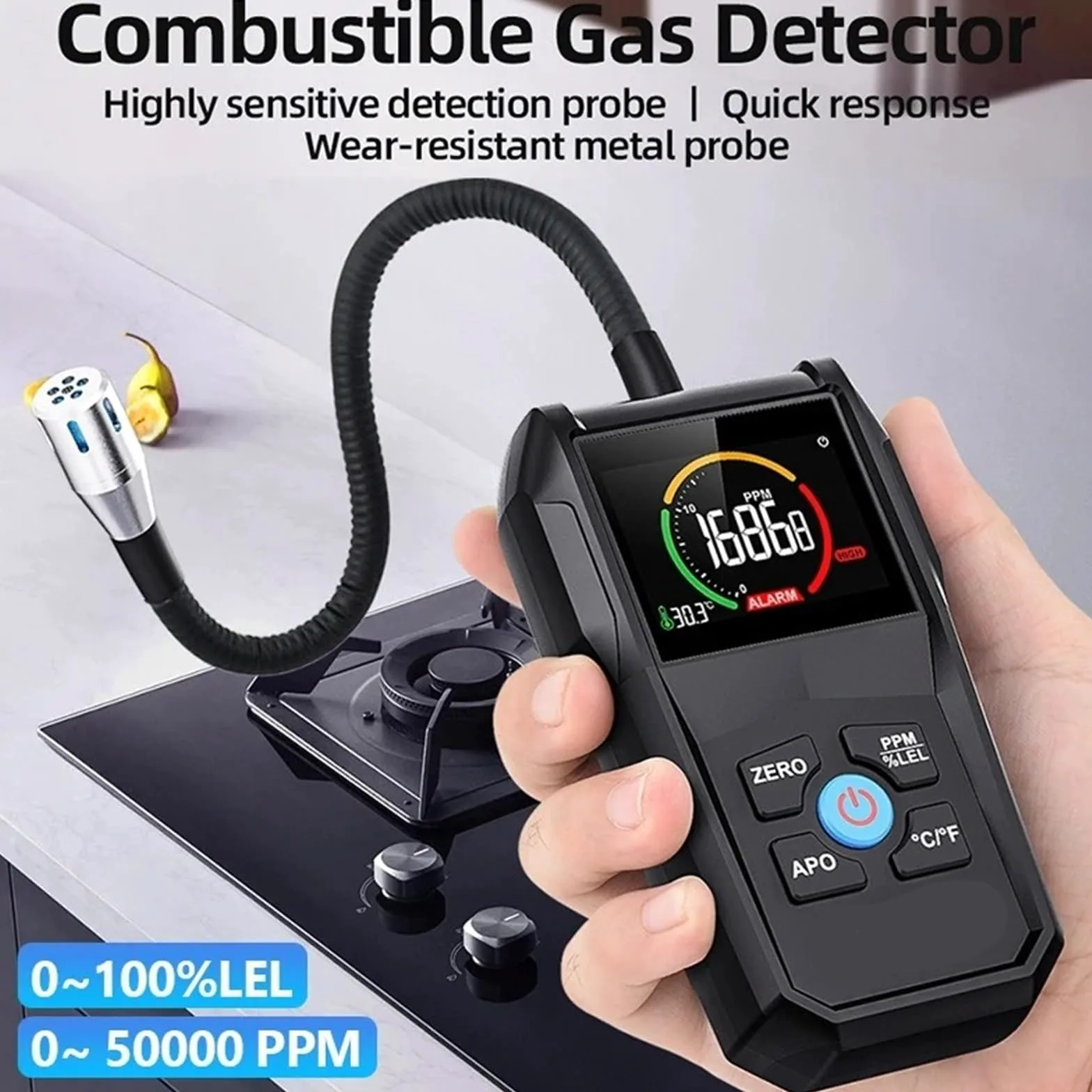 Contador partículas polvo, Analizador De Detector Gas Combustible CGD02A, Fuga 50000 PPM para interiores exteriores | Pantalla LCD, Alarma Luz Y Sonido