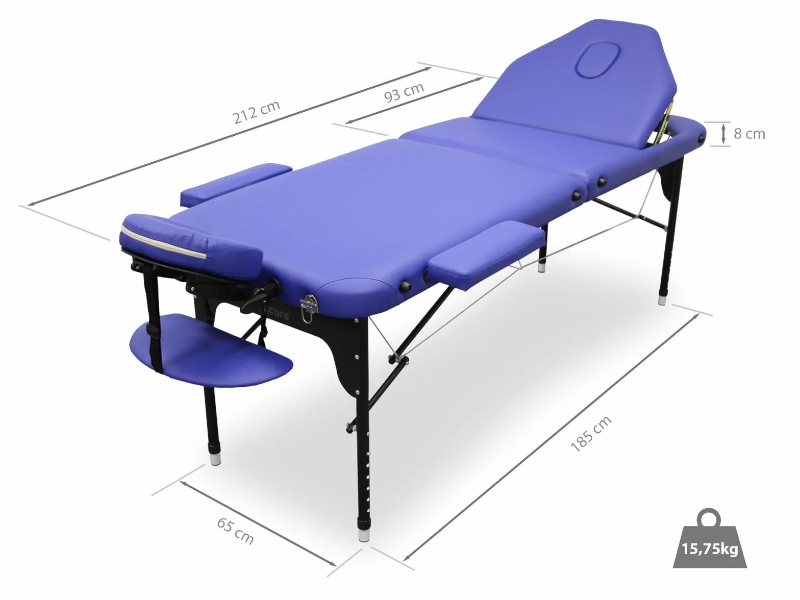 QUIRUMED WELLCORE Camilla Plegable de Aluminio, Respaldo abatible, 185 x 65 cm, Polipiel, Altura Regulable, Cabezal articulado, Agujero Facial, Negro, Mochila de Transporte, hasta 225 kg