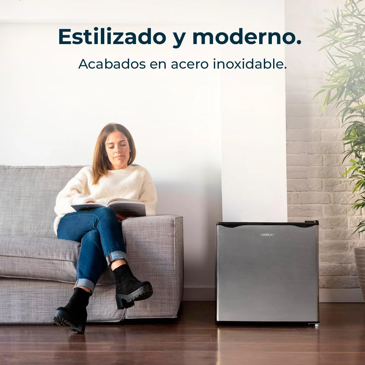 Cecotec Nevera Pequeña Frigorífico Mini Minibar 46L GrandCooler 20000 SilentCompress Inox E. Altura 48,7cm, 48 cm de Ancho, Bajo Consumo, Puerta Reversible, Funcionamiento Cíclico, Inox