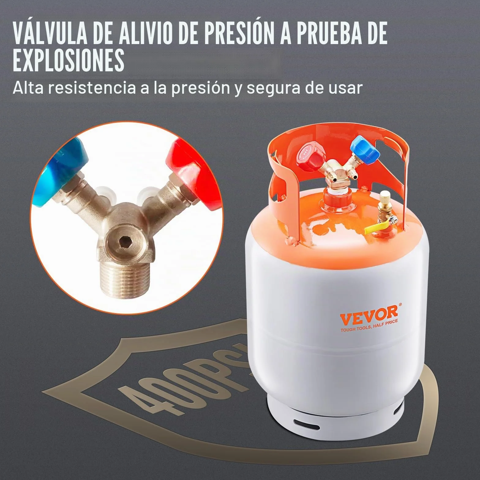VEVOR Tanque de Recuperación de Refrigerante Capacidad de 50 libras Tanque Cilíndrico Portátil 400PSI con Válvula Y para Líquido Vapor Recipiente de Recuperación de Alto Sellado para R22/R134A/R410A