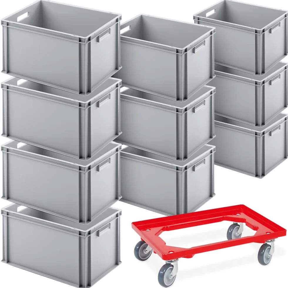 10 eurodepósitos, 600 x 400 x 320 mm (largo x ancho x alto), Juego ahorro, Incluye: 1 carrito de transporte