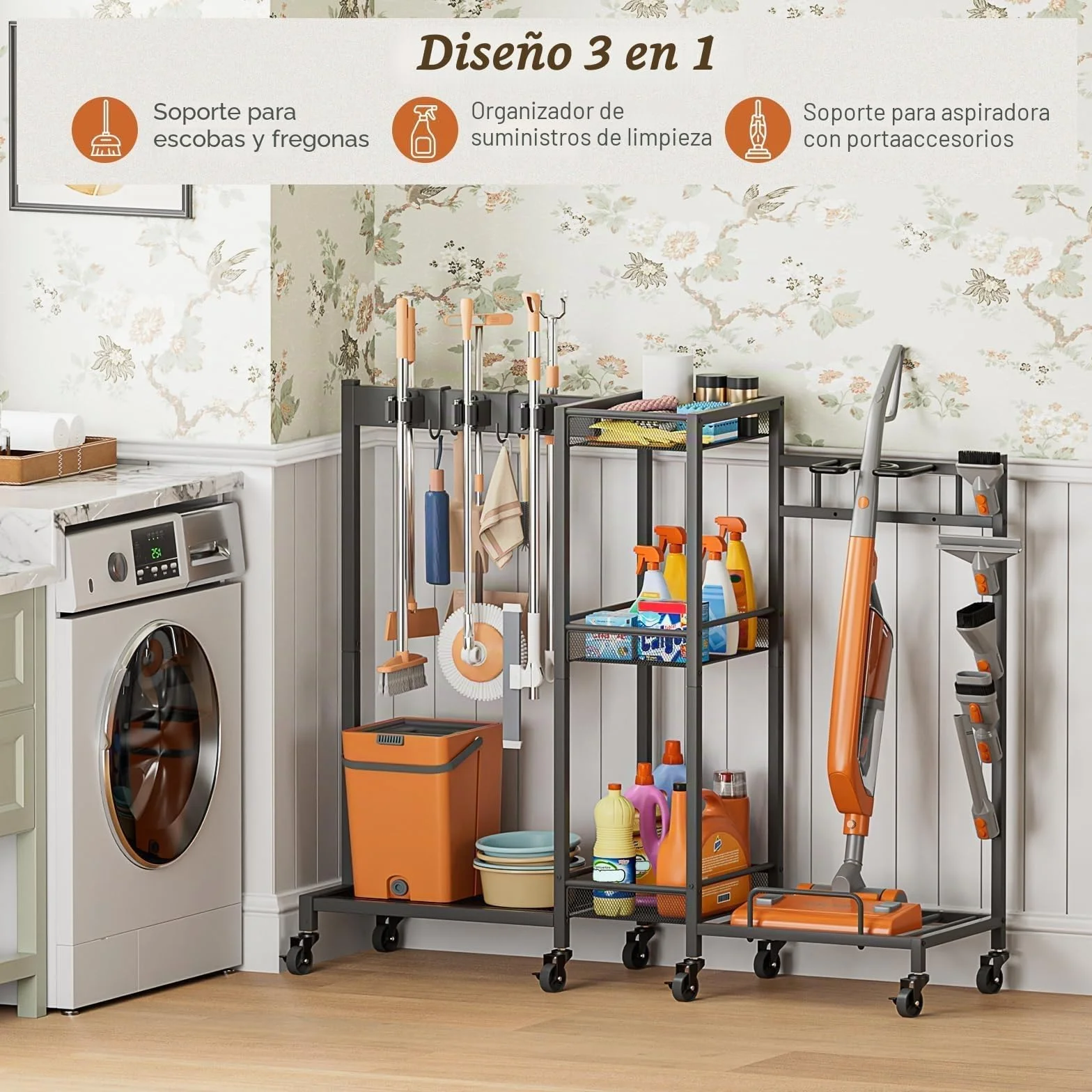 Bikoney Carro de Limpieza con Ruedas y Soporte para Escobas, Organizador de Productos de Limpieza con Armario y Estantes, Carrito Multiusos para Aspiradora y Fregonas, Ideal para Lavandería y Hogar