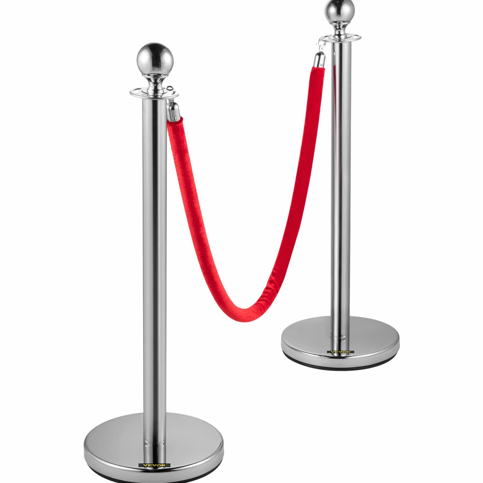 VEVOR Postes Separadores 8 piezas Altura 90 cm Platas Postes Separadores con Cuerda de Terciopelo de 1,5 m Roja Conexión de 4 Vías Diámetro de Base 32 cm Postes de Barrera de Control de Multitudes