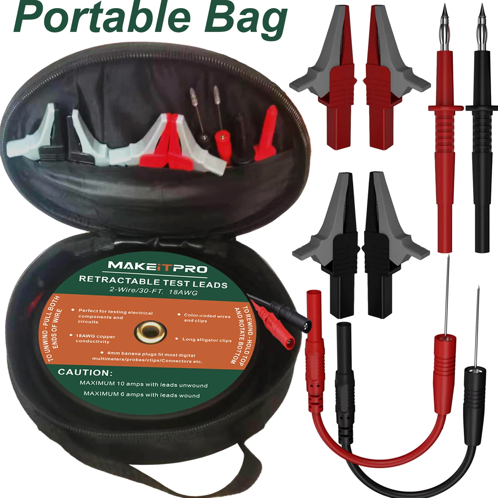 2 cables de prueba retráctiles de 30 pies y 18 AWG con bolsa de cable y clips de cocodrilo eléctrico de doble extremo, sonda de prueba, cables de alambre para conexión de circuito/pruebas