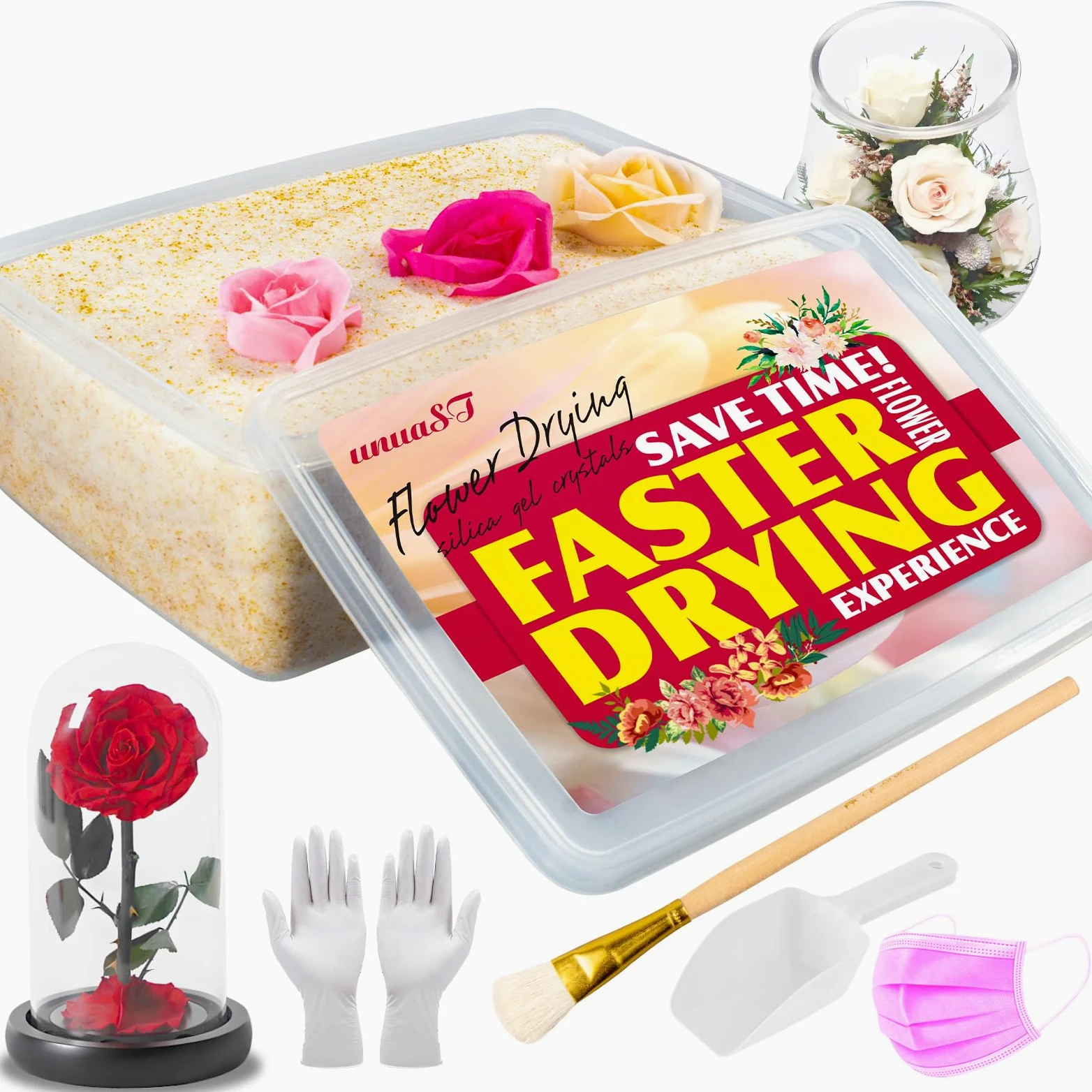 unuaST Gel de sílice para secar flores, cristales desecante, 2,3 kg, 6 en 1, kit de secado rápido con caja sellada, guantes, cepillo, pala, secado de flores reutilizable, arena de guijarro, bricolaje