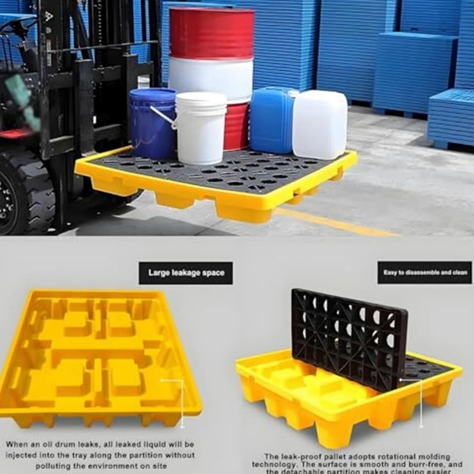 Cubeta de Retencion con Desague y Entradas de Carretilla, Palet Antiderrame de HDPE for Garaje, Plataforma Modular con Rejilla Desmontable, Control de Derrame Secundario(50 * 36 * 10cm)
