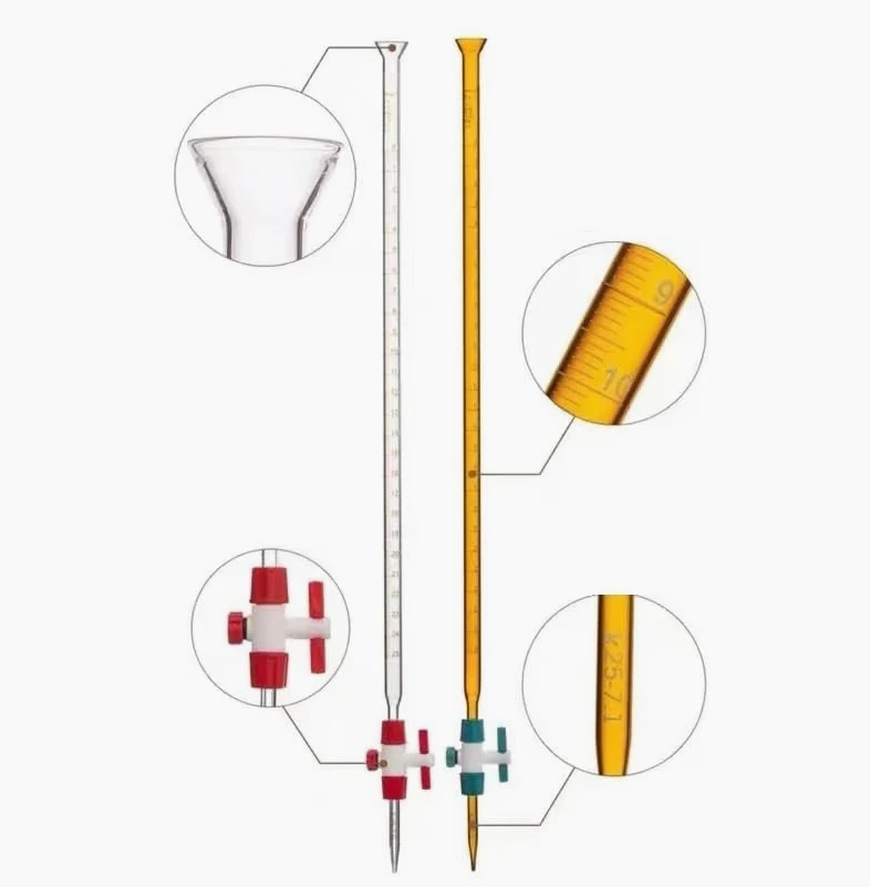 Bureta de Vidrio Clase A con Llave PTFE & Parte Superior de Embudo - Precisión ±0,02ml, 10ml 25ml 50ml para Laboratorio(50ml)