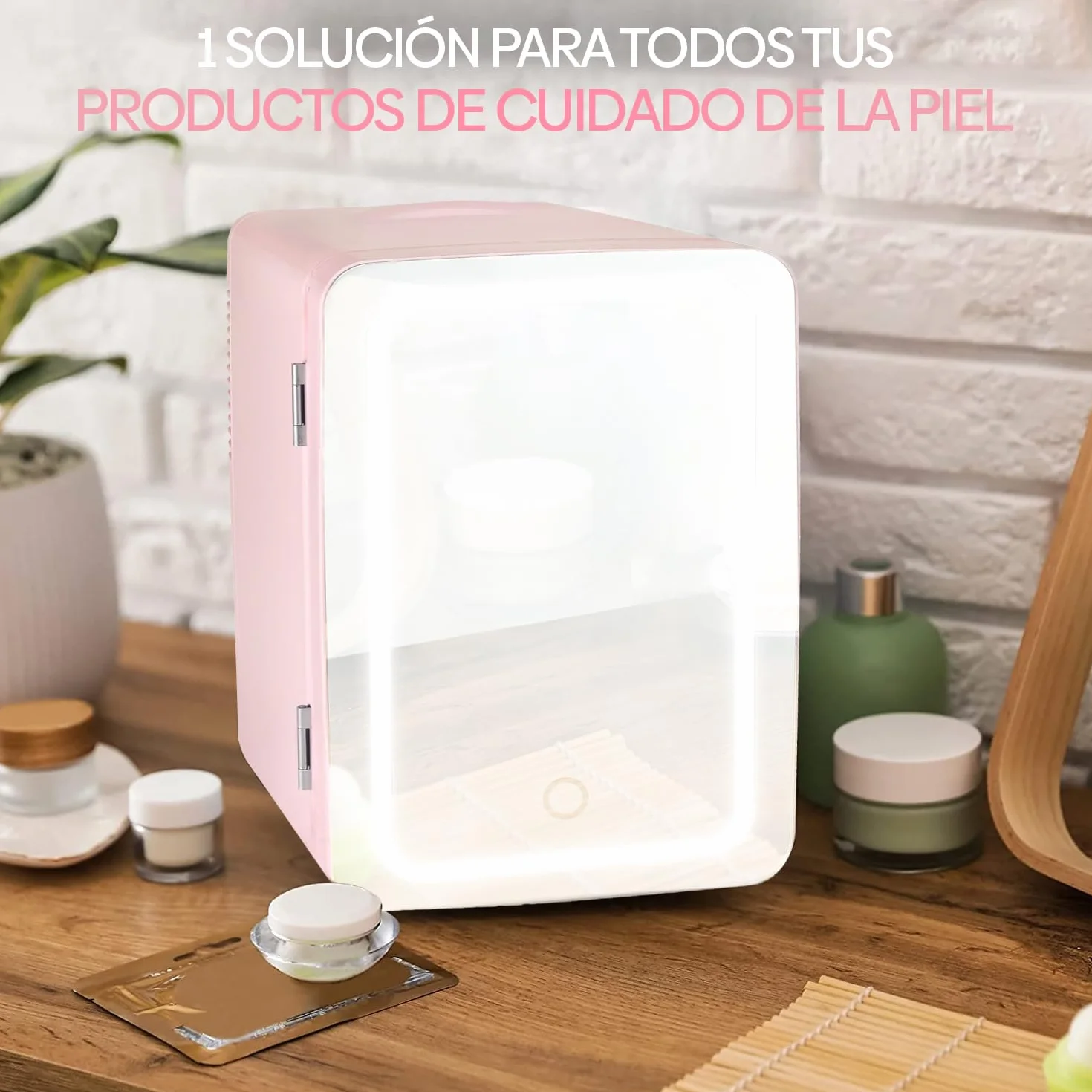 Mini Nevera Portátil Cosmética 4L con Espejo LED, Enfriamiento y Calentamiento, Rosa
