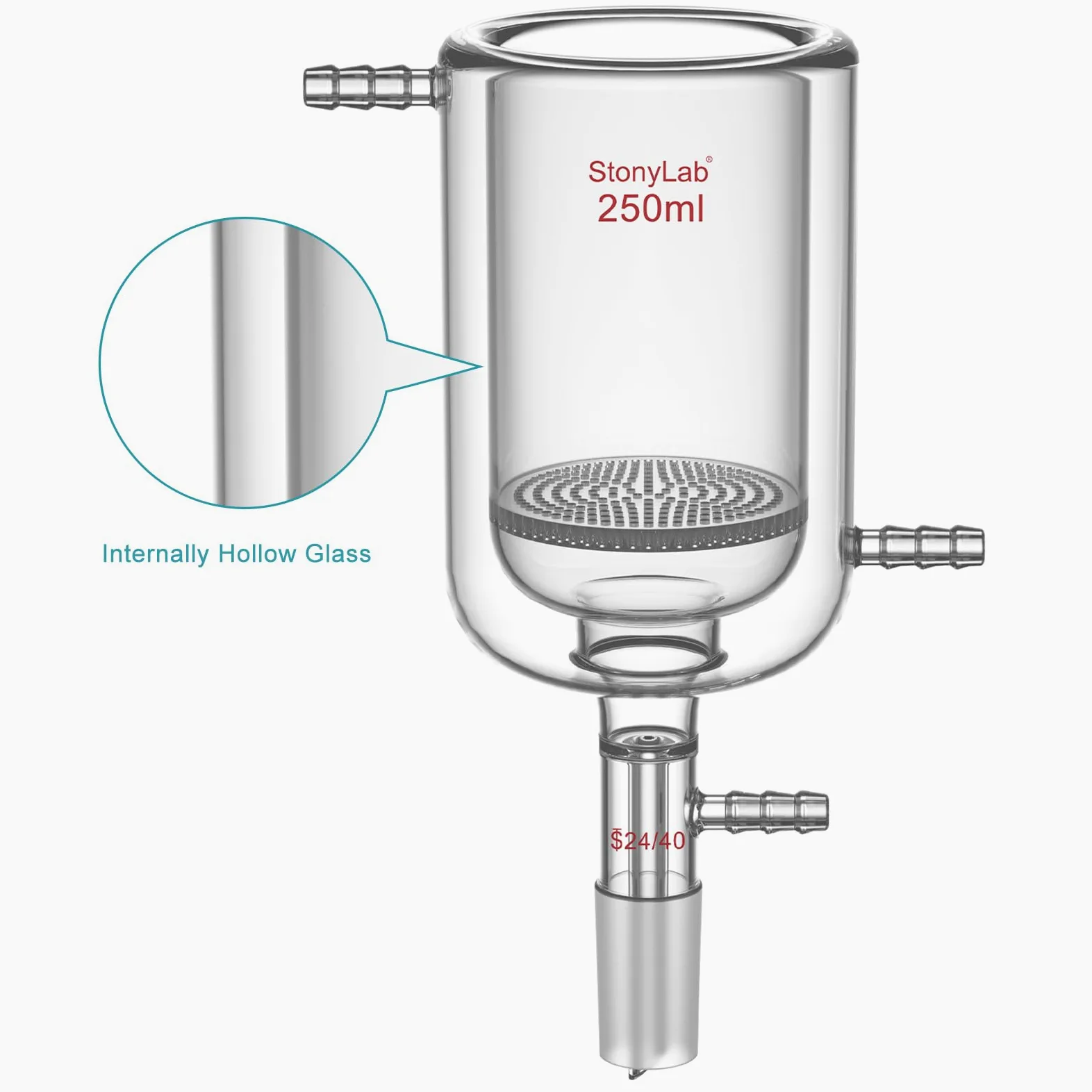 stonylab Embudo Buchner de Vidrio con Camisa y Disco Fritado de 1,5 mm, 250 ml, Unión 24/40 y Conexión de Manguera de 10 mm para Filtración al Vacío en Laboratorio